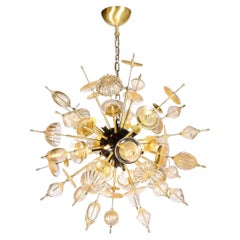 Modernist Brass & Enamel Sputnik Chandelier, Clear & Gold Handblown Murano Glass