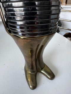 Modernist Brass Figural Coaster Holder with Eight Coasters, Italy, circa 1975