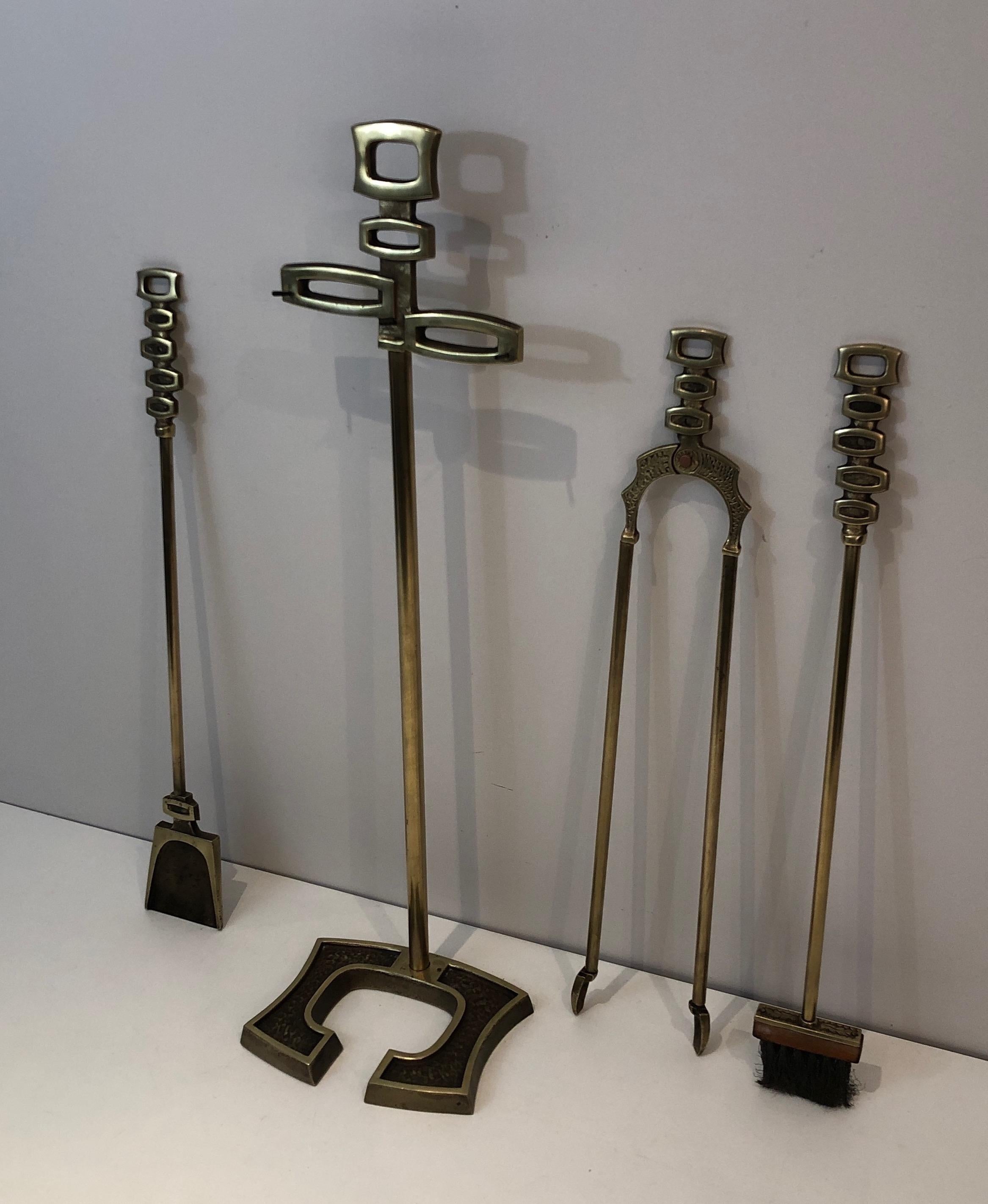 French Modernist Brass Fireplace Tools on Stand, Italian, Circa 1970