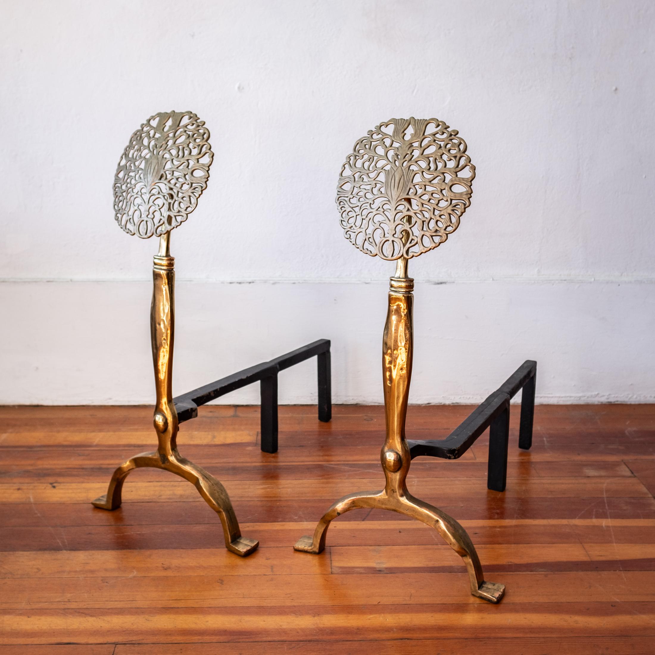 Modernist Brass Flower Andirons 3