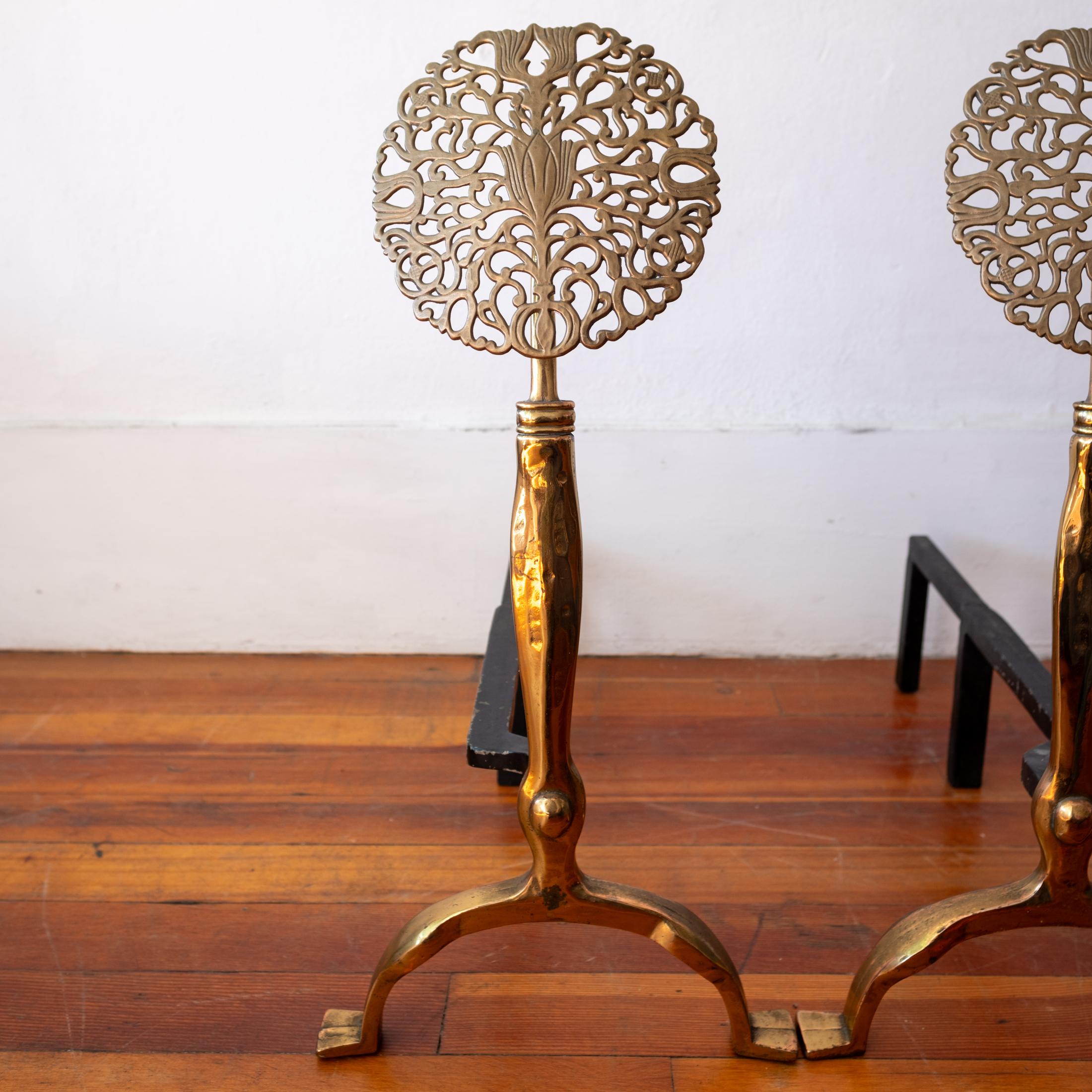 Aesthetic Movement Modernist Brass Flower Andirons