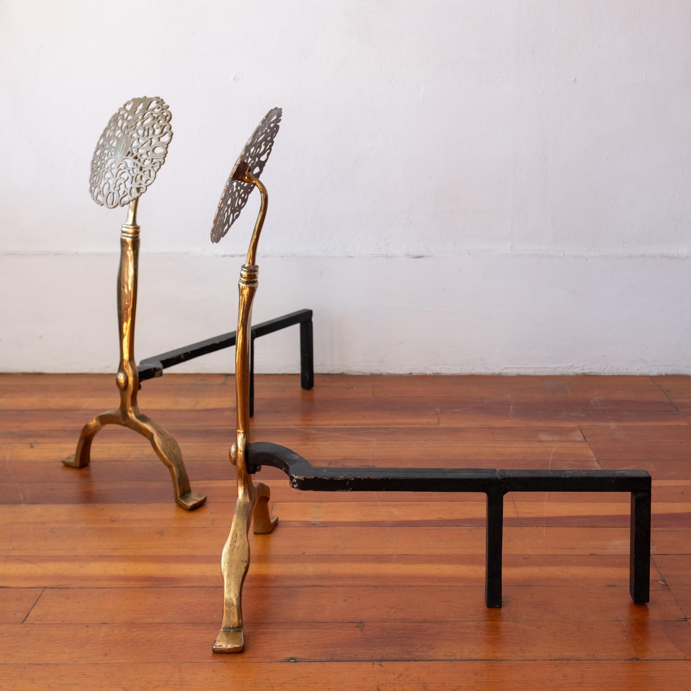Modernist Brass Flower Andirons In Fair Condition In San Diego, CA