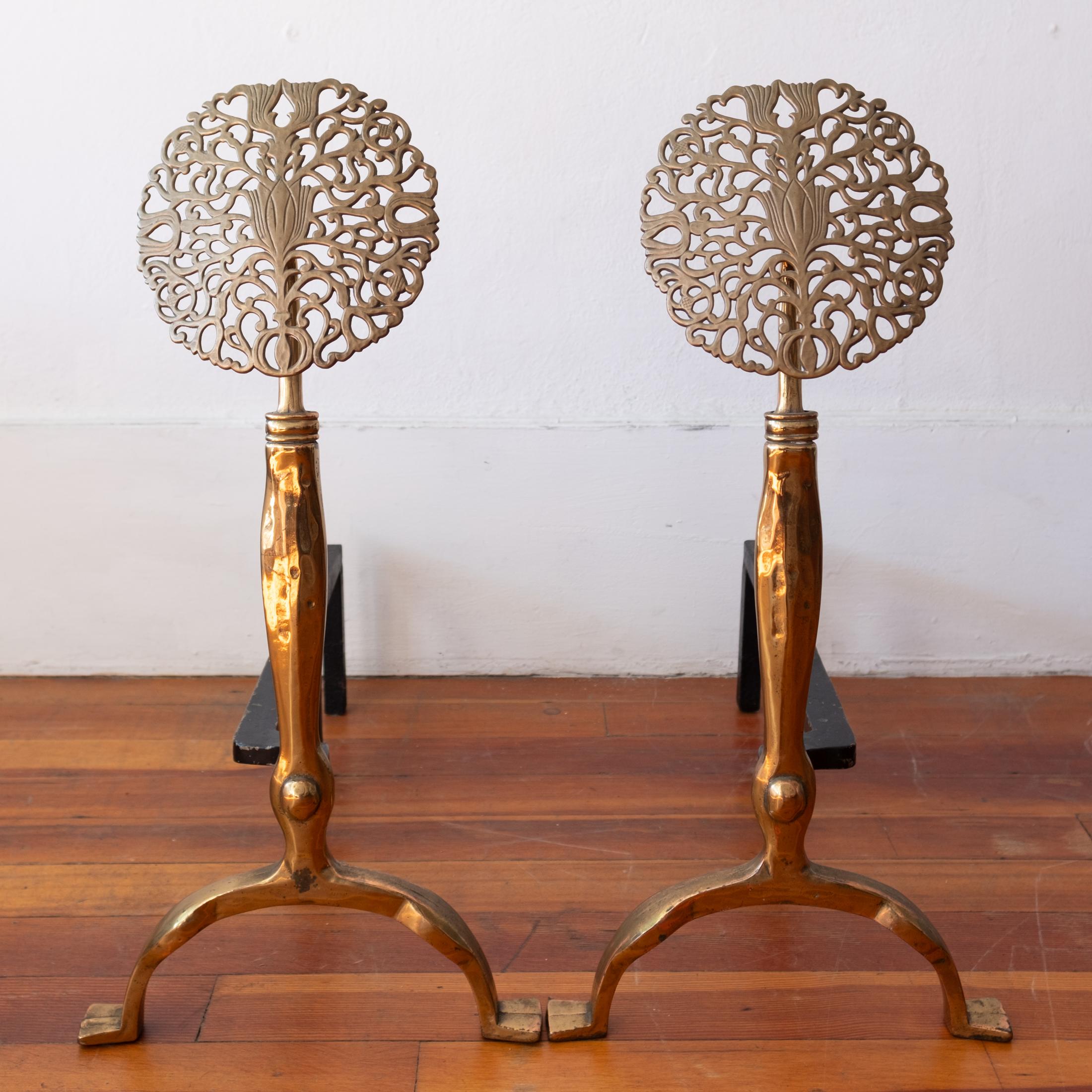 Modernist Brass Flower Andirons 1