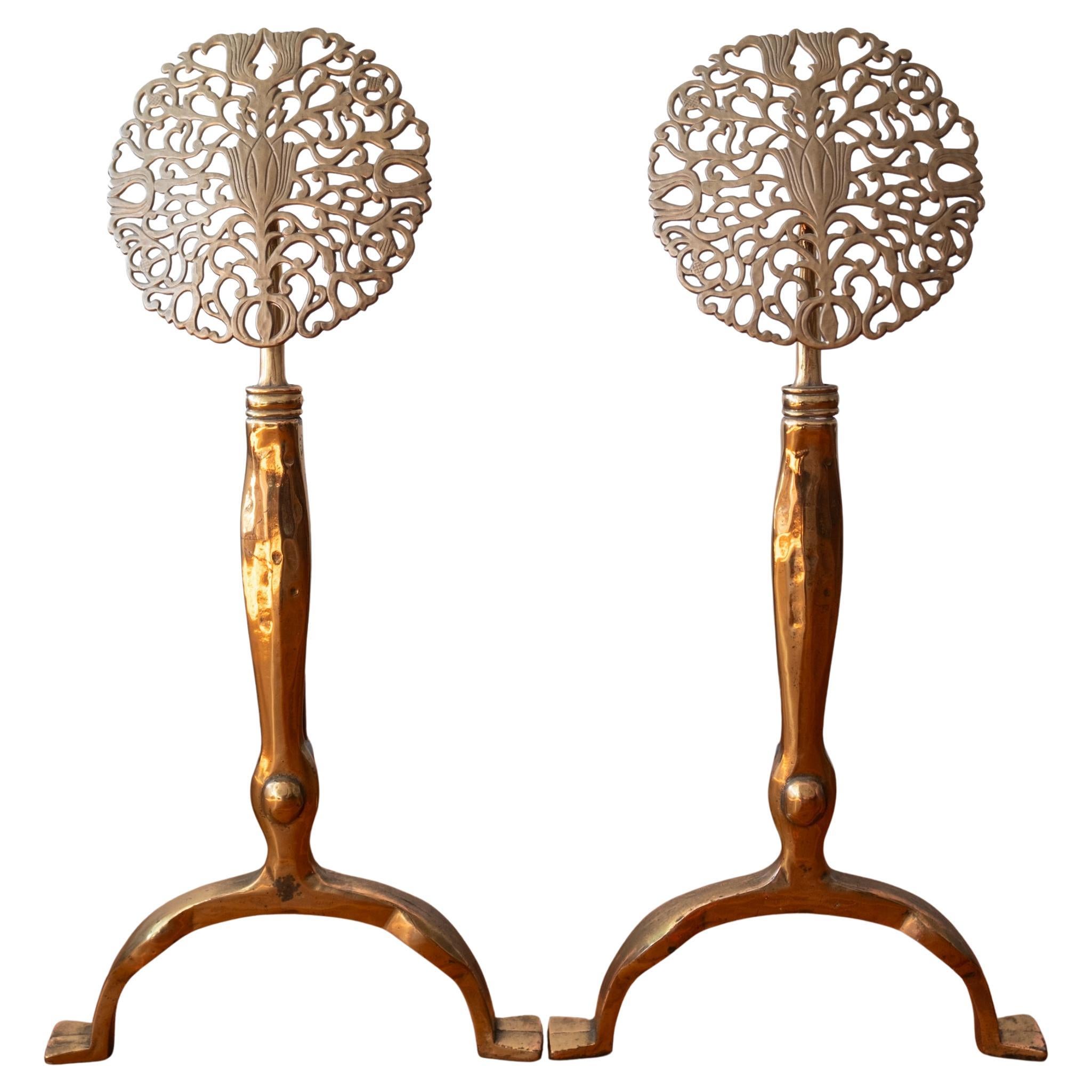 Modernist Brass Flower Andirons