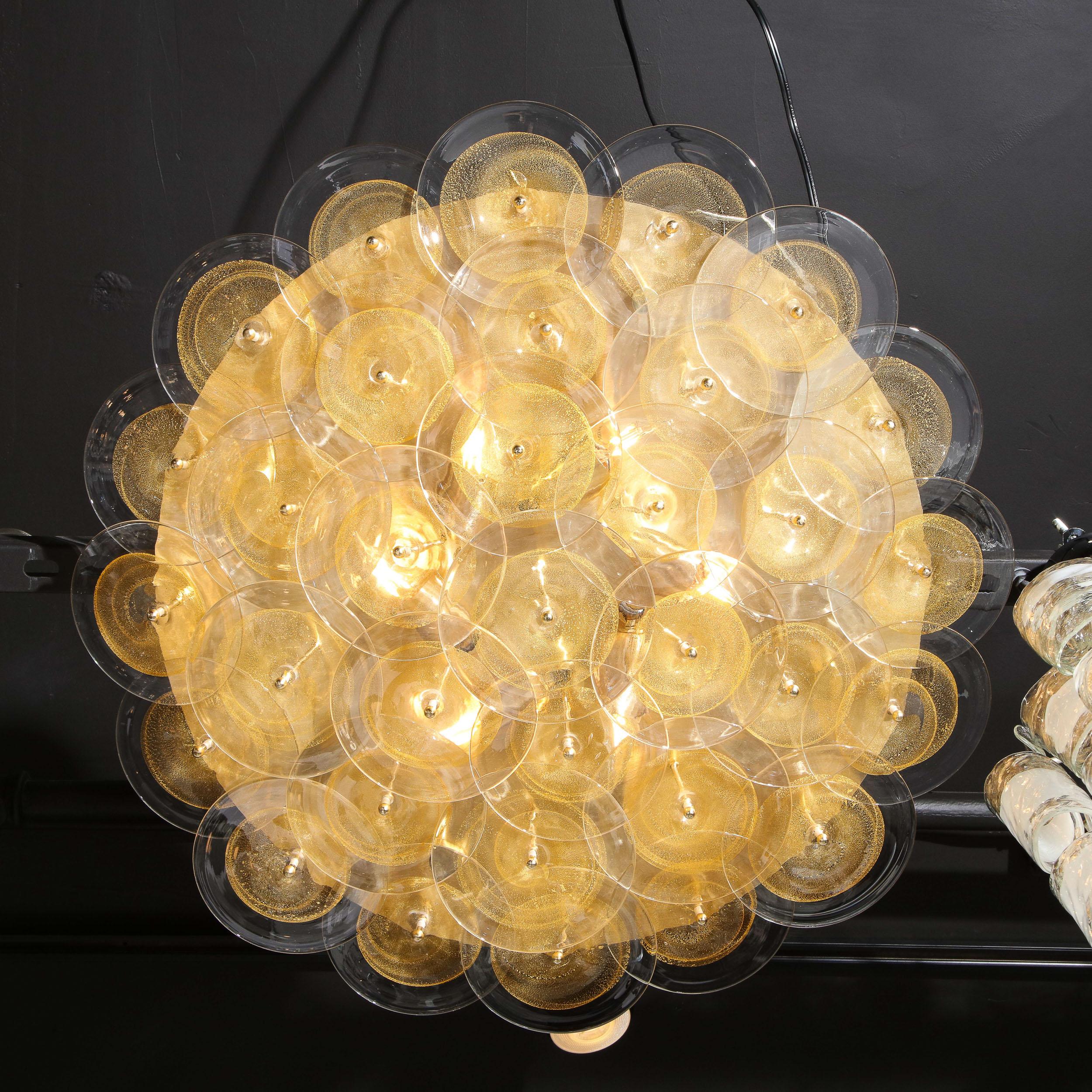 Modernist Brass Flush Mount with Handblown Murano Gold & Translucent Glass Discs For Sale 5