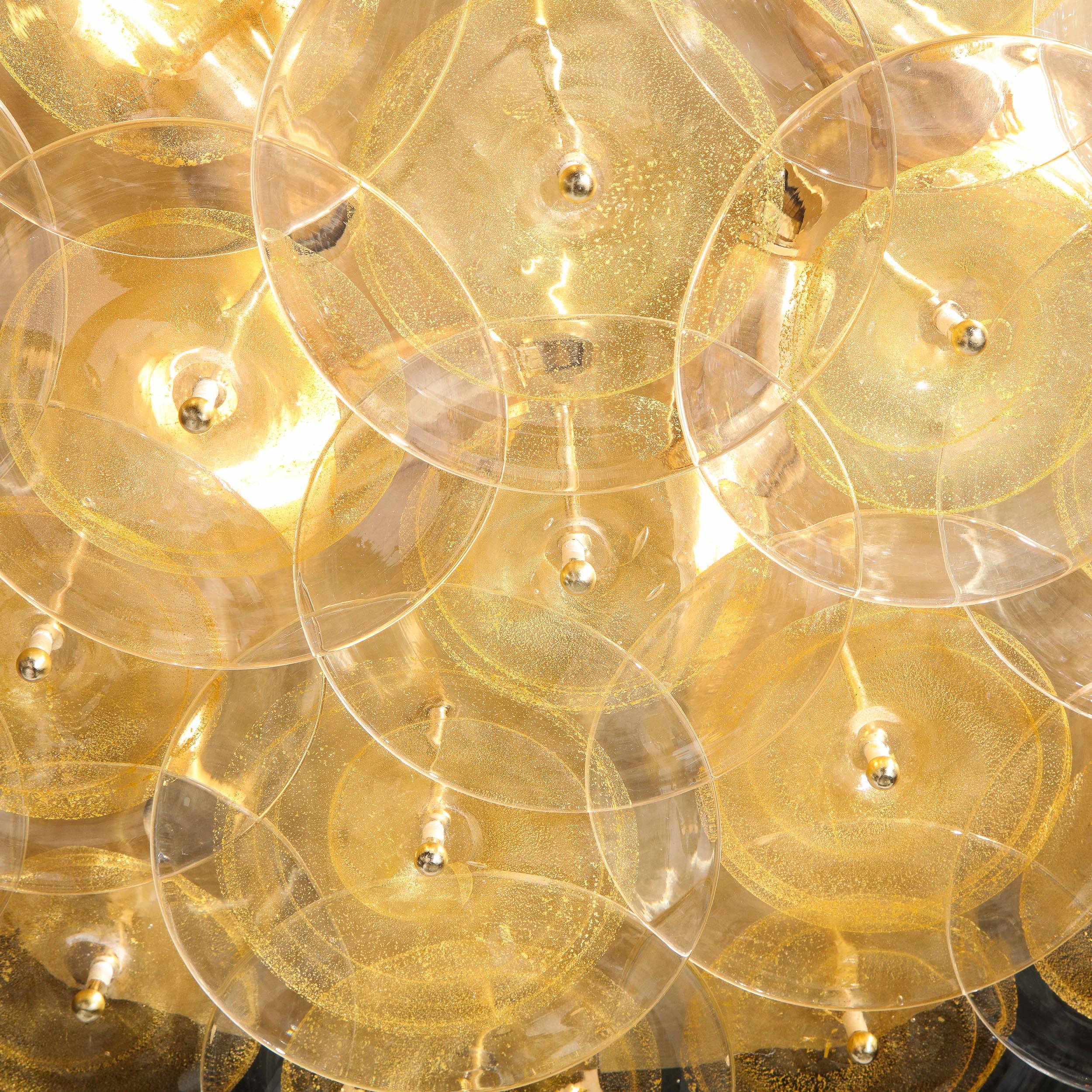 Modernist Brass Flush Mount with Handblown Murano Gold & Translucent Glass Discs For Sale 6
