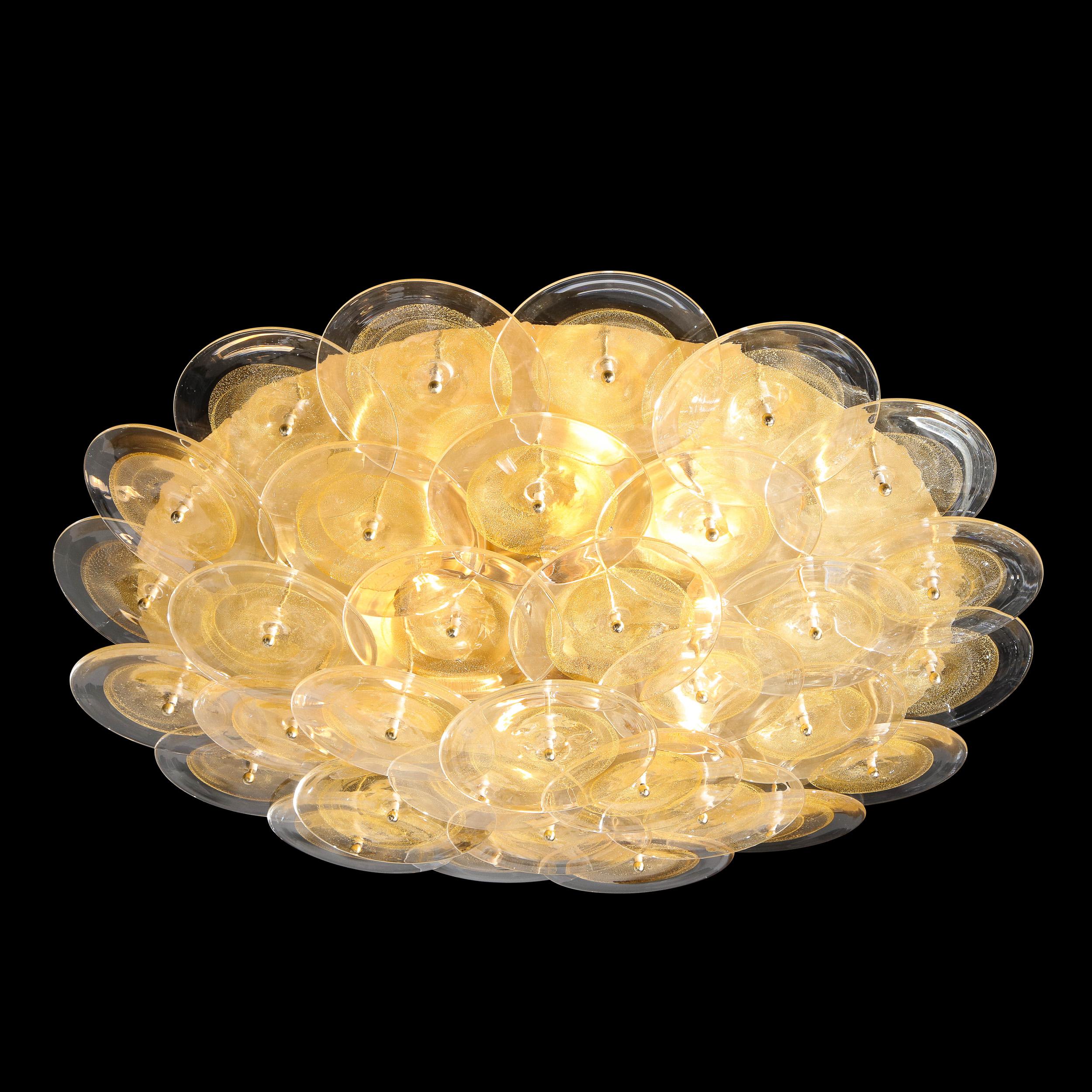 Modernist Brass Flush Mount with Handblown Murano Gold & Translucent Glass Discs In Excellent Condition For Sale In New York, NY