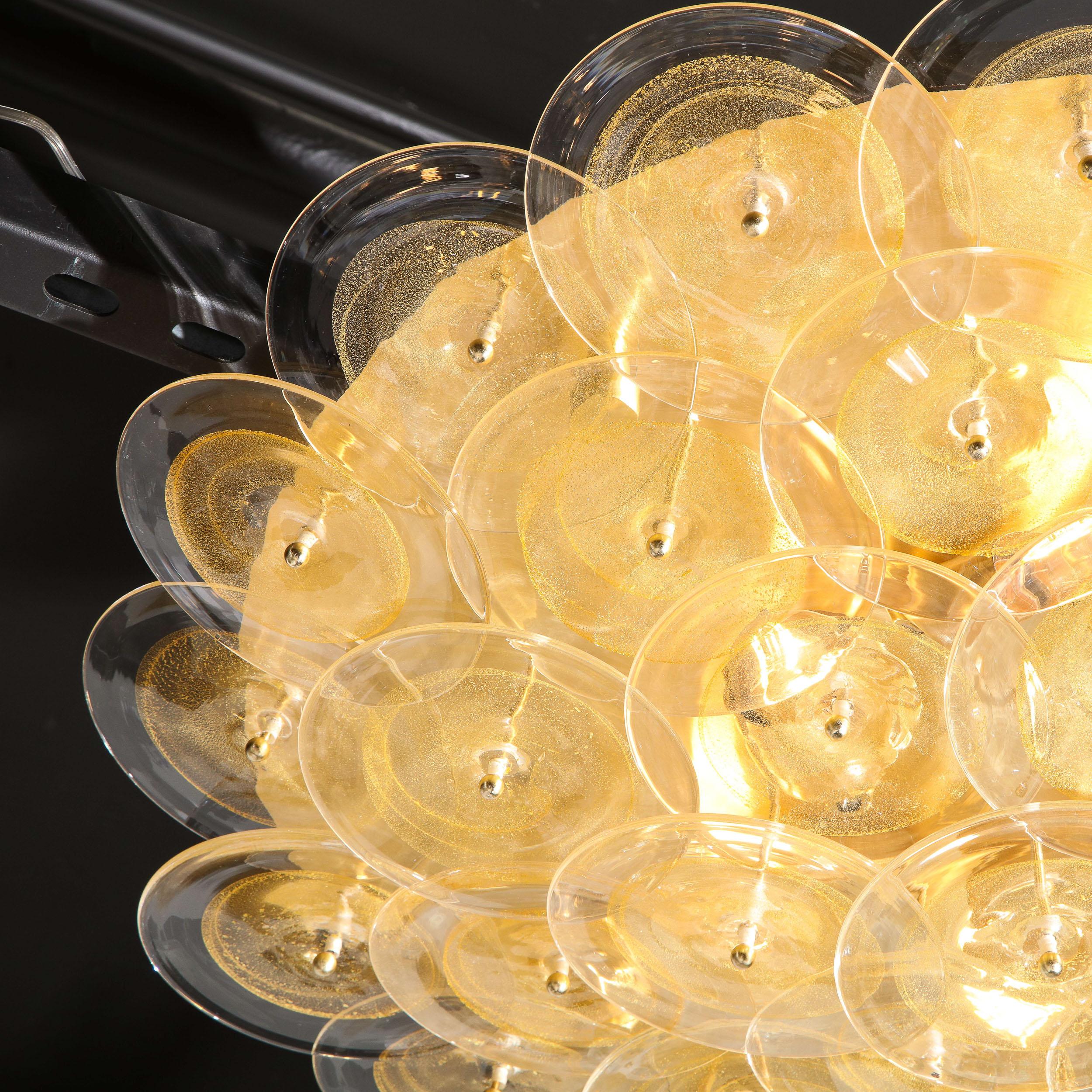 Contemporary Modernist Brass Flush Mount with Handblown Murano Gold & Translucent Glass Discs