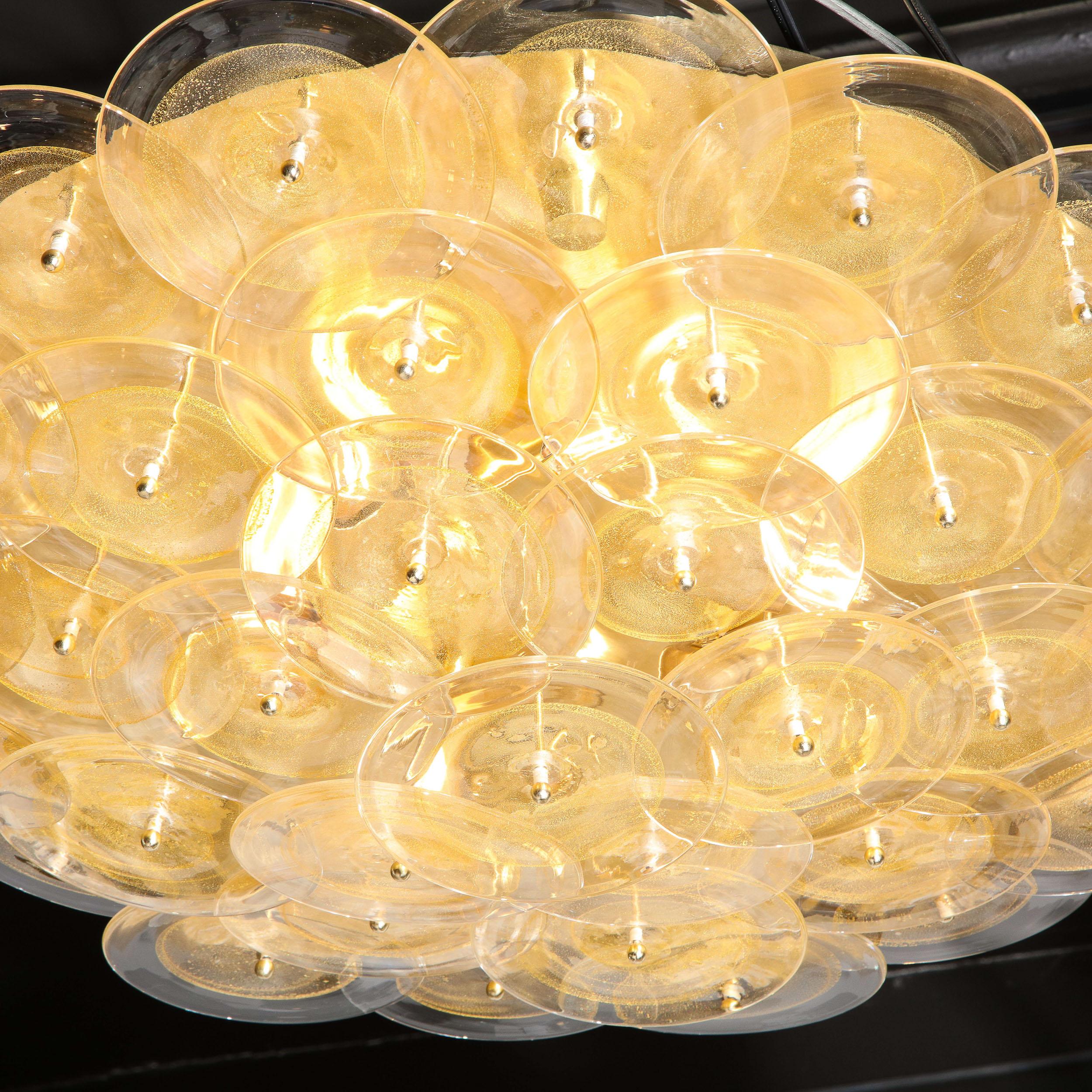 Modernistische Messing-Einbaubeleuchtung mit mundgeblasenen Murano-Gold- und durchscheinenden Glasscheiben im Angebot 1
