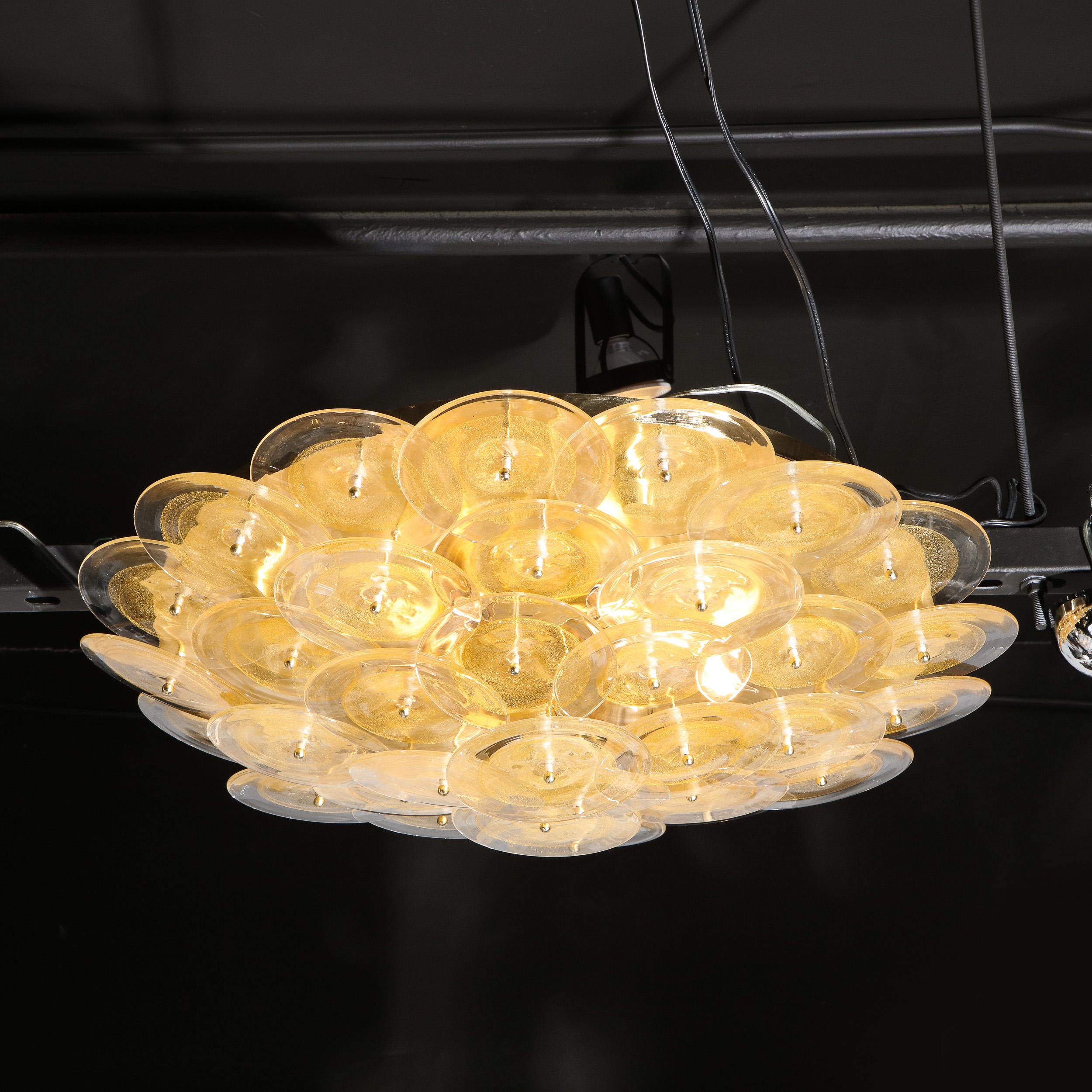 Modernist Brass Flush Mount with Handblown Murano Gold & Translucent Glass Discs 3