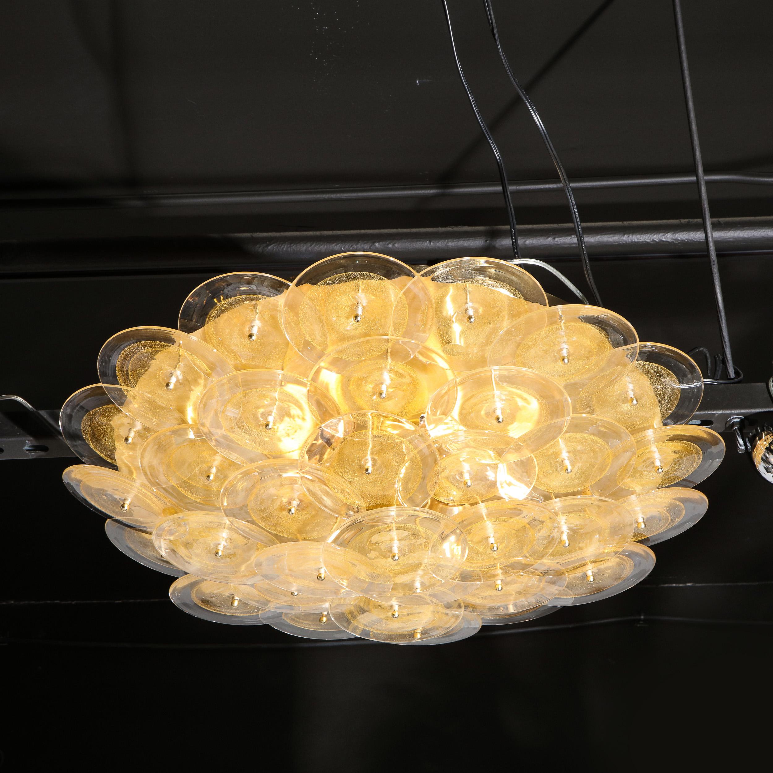 Modernist Brass Flush Mount with Handblown Murano Gold & Translucent Glass Discs For Sale 4