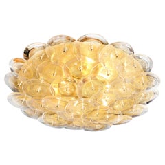 Modernist Brass Flush Mount with Handblown Murano Gold & Translucent Glass Discs
