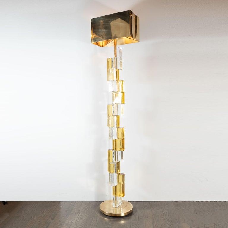 Contemporary Modernist Brass & Hand Blown Murano Glass Floor Lamps with Polished Brass Shades For Sale