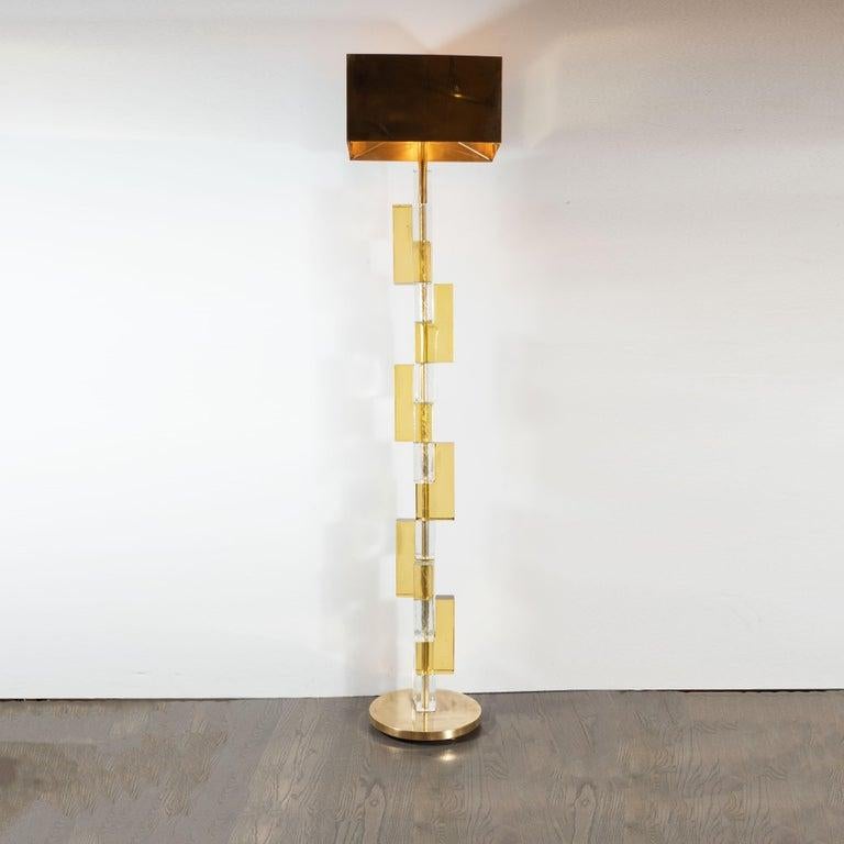 Modernist Brass & Hand Blown Murano Glass Floor Lamps with Polished Brass Shades For Sale 1