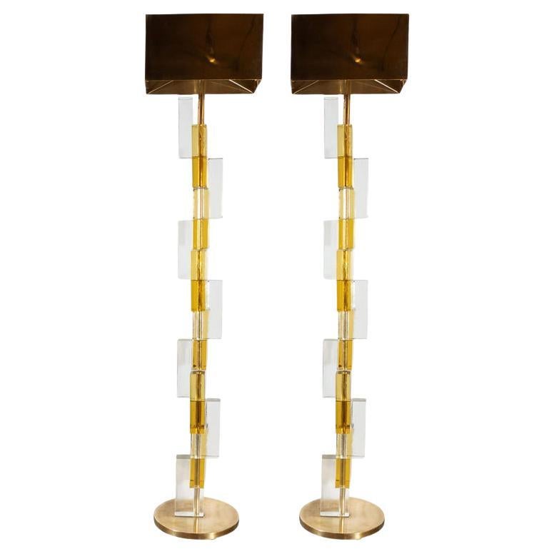 Modernist Brass & Hand Blown Murano Glass Floor Lamps with Polished Brass Shades For Sale