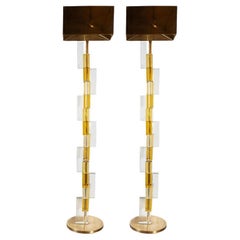 Modernist Brass & Hand Blown Murano Glass Floor Lamps with Polished Brass Shades
