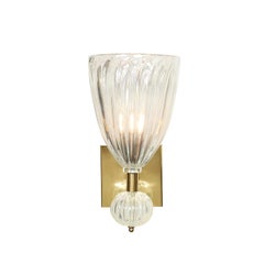 Modernist Brass & Handblown Iridescent Murano Glass Sconces w/ Orbital Drop