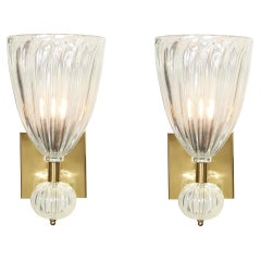 Modernist Brass & Handblown Iridescent Murano Glass Sconces w/ Orbital Drop