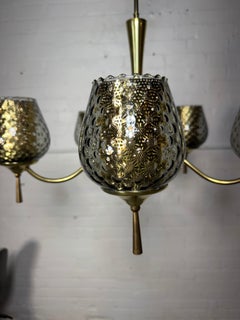 Modernist Brass & Murano Glass 5-arm Chandelier Attributed to G. Thurston