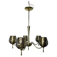 Modernist Brass & Murano Glass 5-arm Chandelier Attributed to G. Thurston