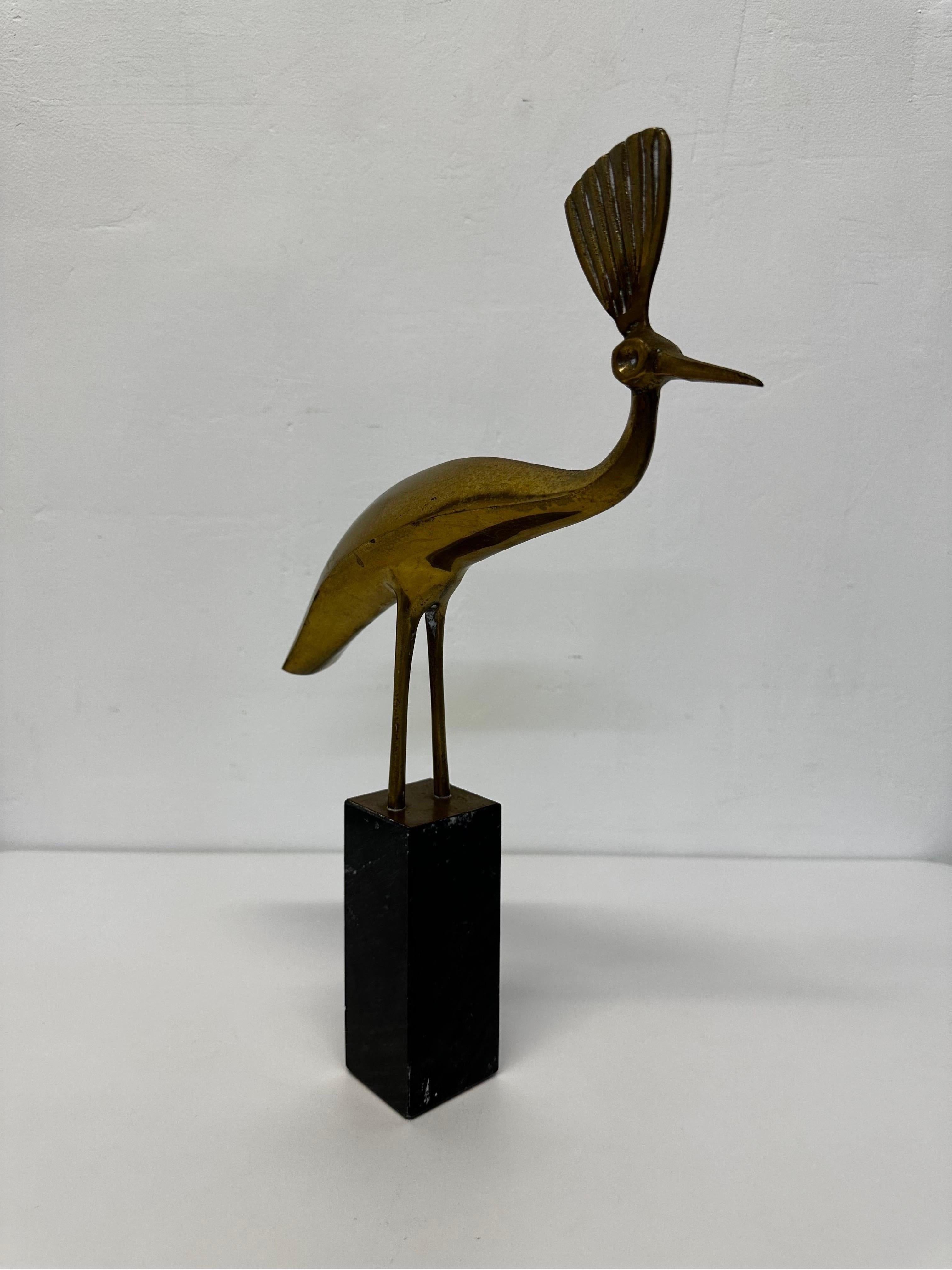 Modernist Brass Peacock Sculpture on Marble Base In Good Condition In Miami, FL
