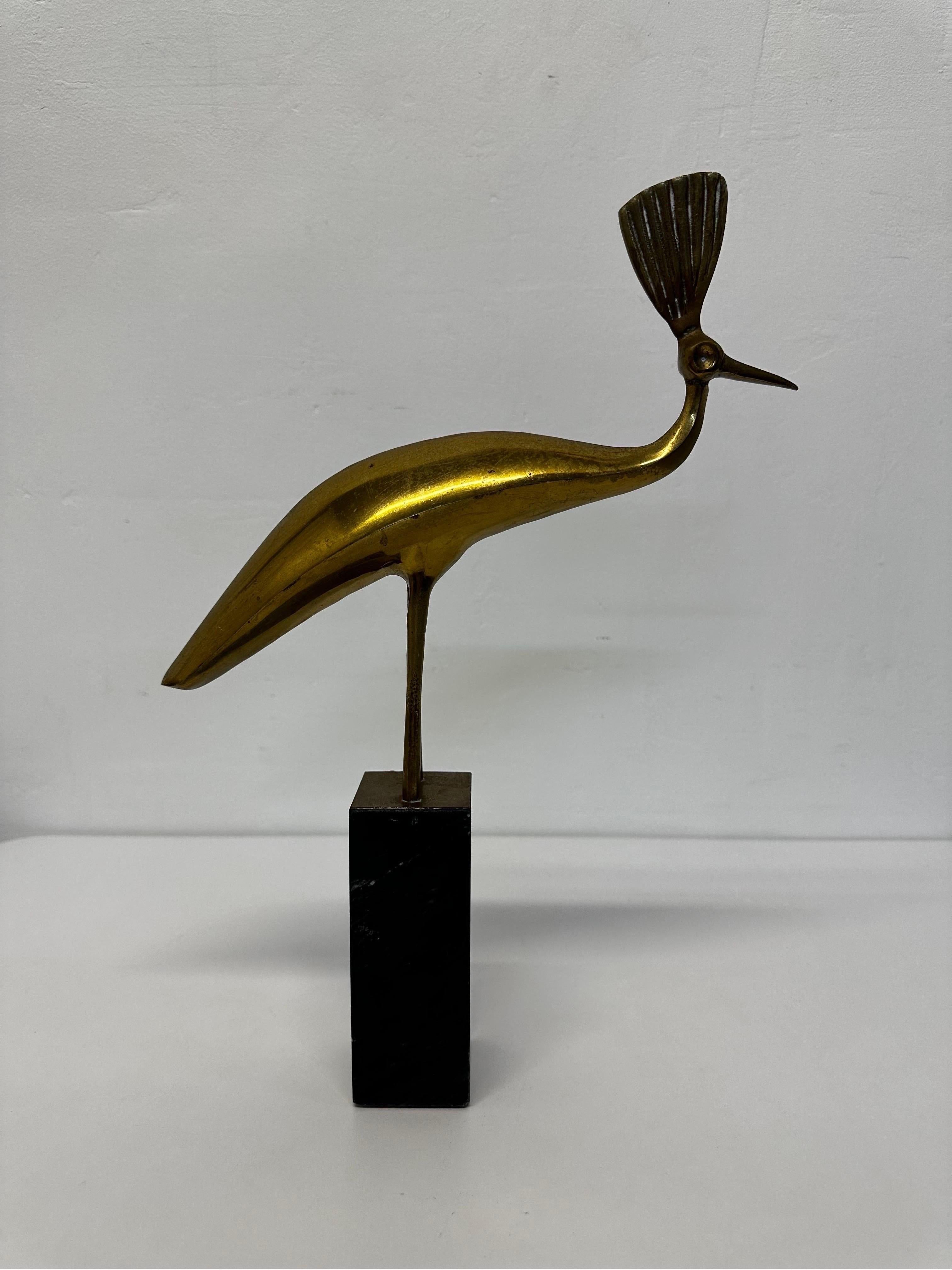 20th Century Modernist Brass Peacock Sculpture on Marble Base