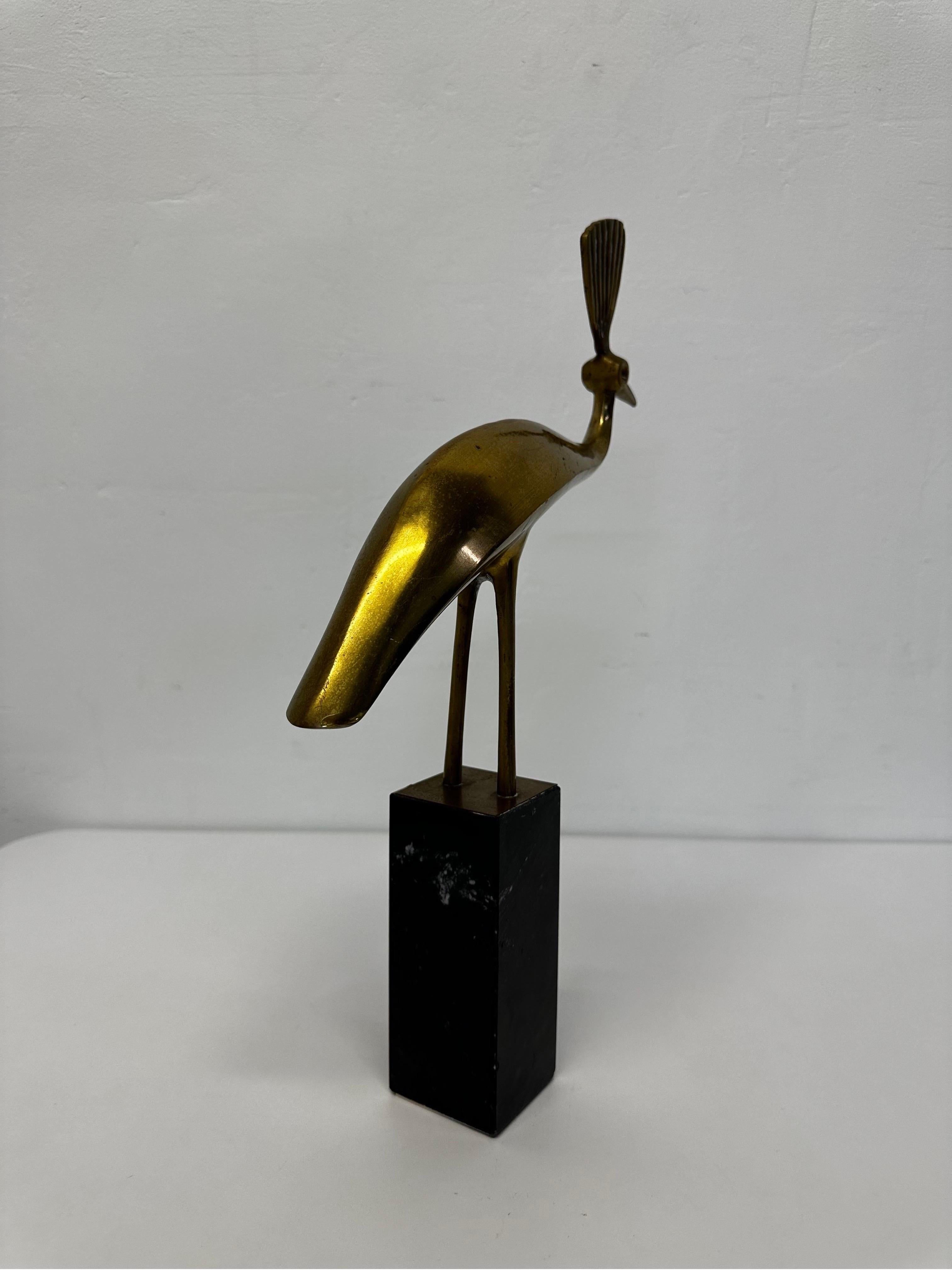 Modernist Brass Peacock Sculpture on Marble Base 1