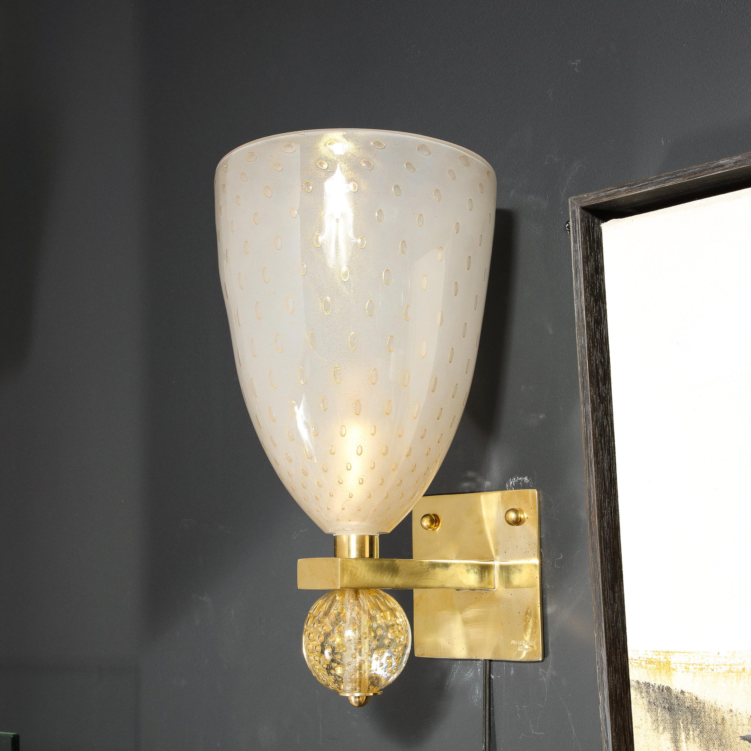 Modernist Brass Sconces with Hand Blown Murano 24-Karat Gold Glass with Murines  For Sale 5