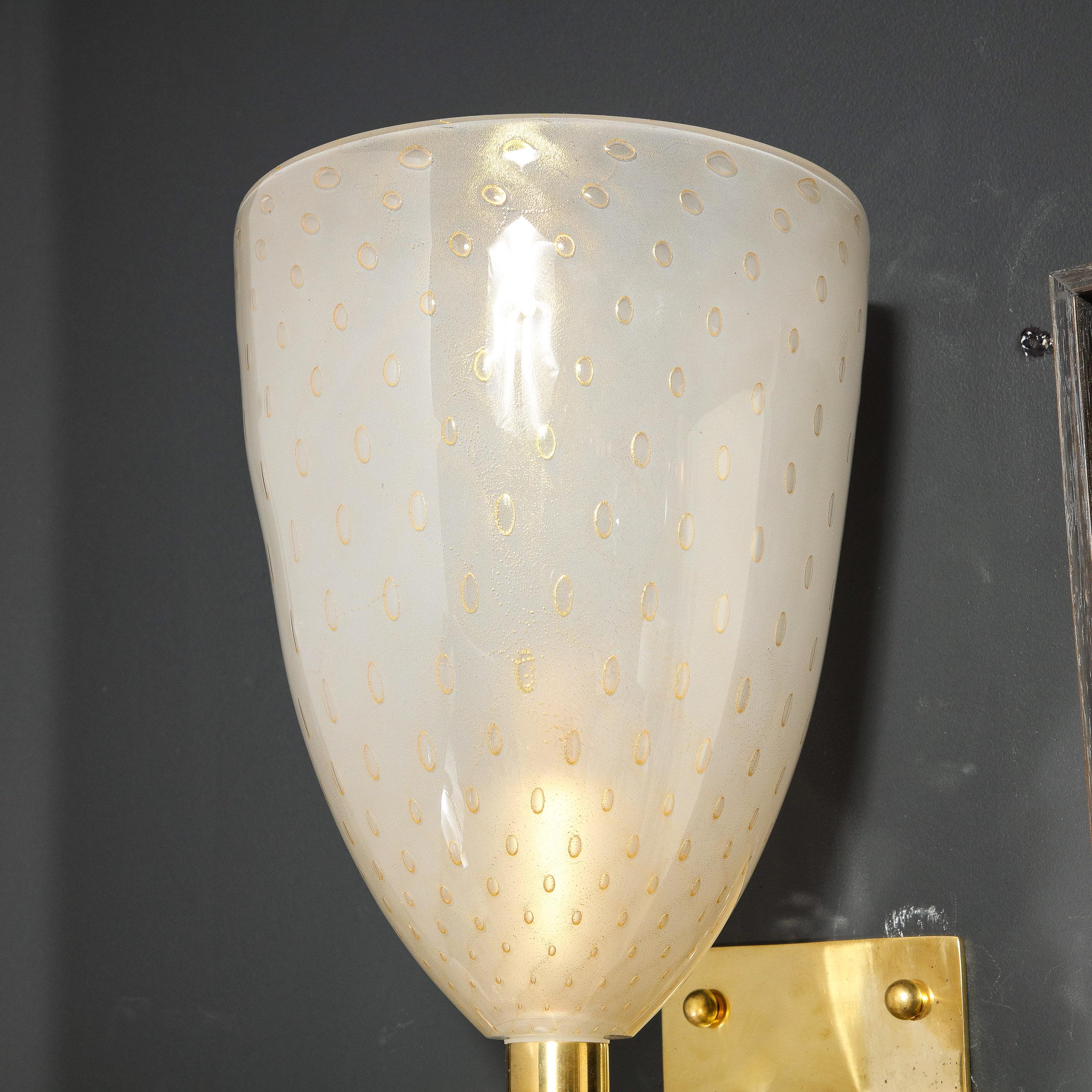 Modernist Brass Sconces with Hand Blown Murano 24-Karat Gold Glass with Murines  For Sale 6