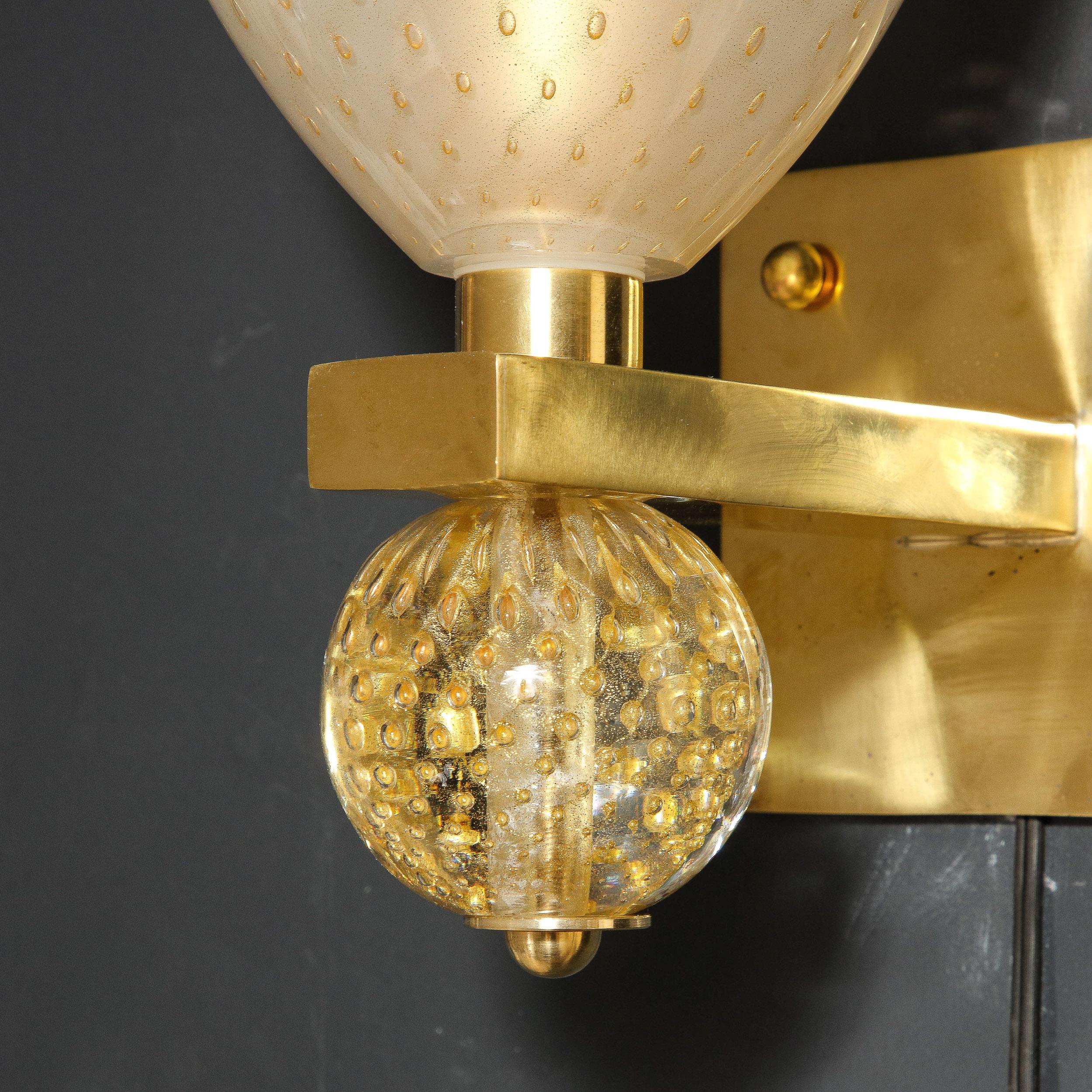 Modernist Brass Sconces with Hand Blown Murano 24-Karat Gold Glass with Murines  For Sale 7