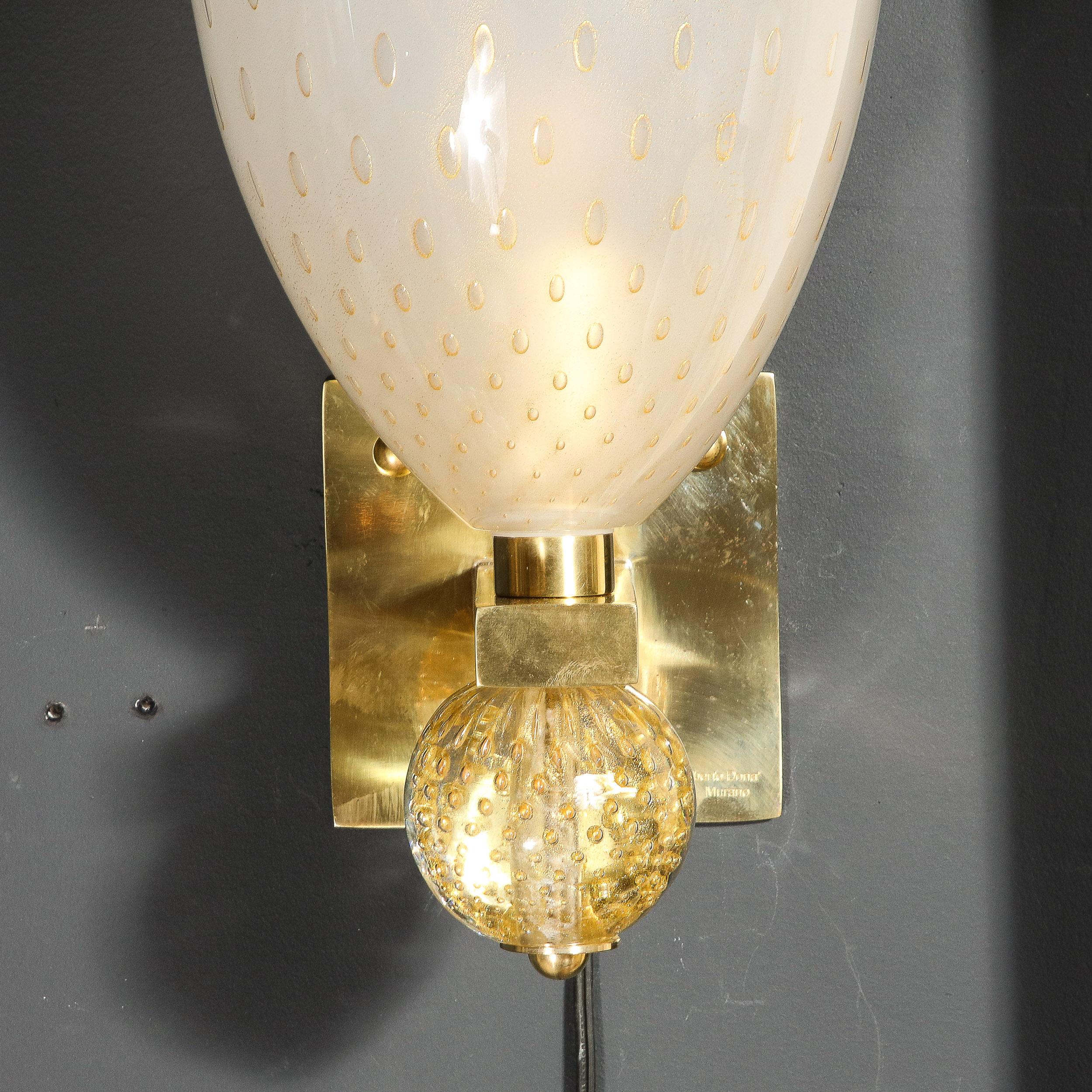 Modernist Brass Sconces with Hand Blown Murano 24-Karat Gold Glass with Murines  For Sale 8