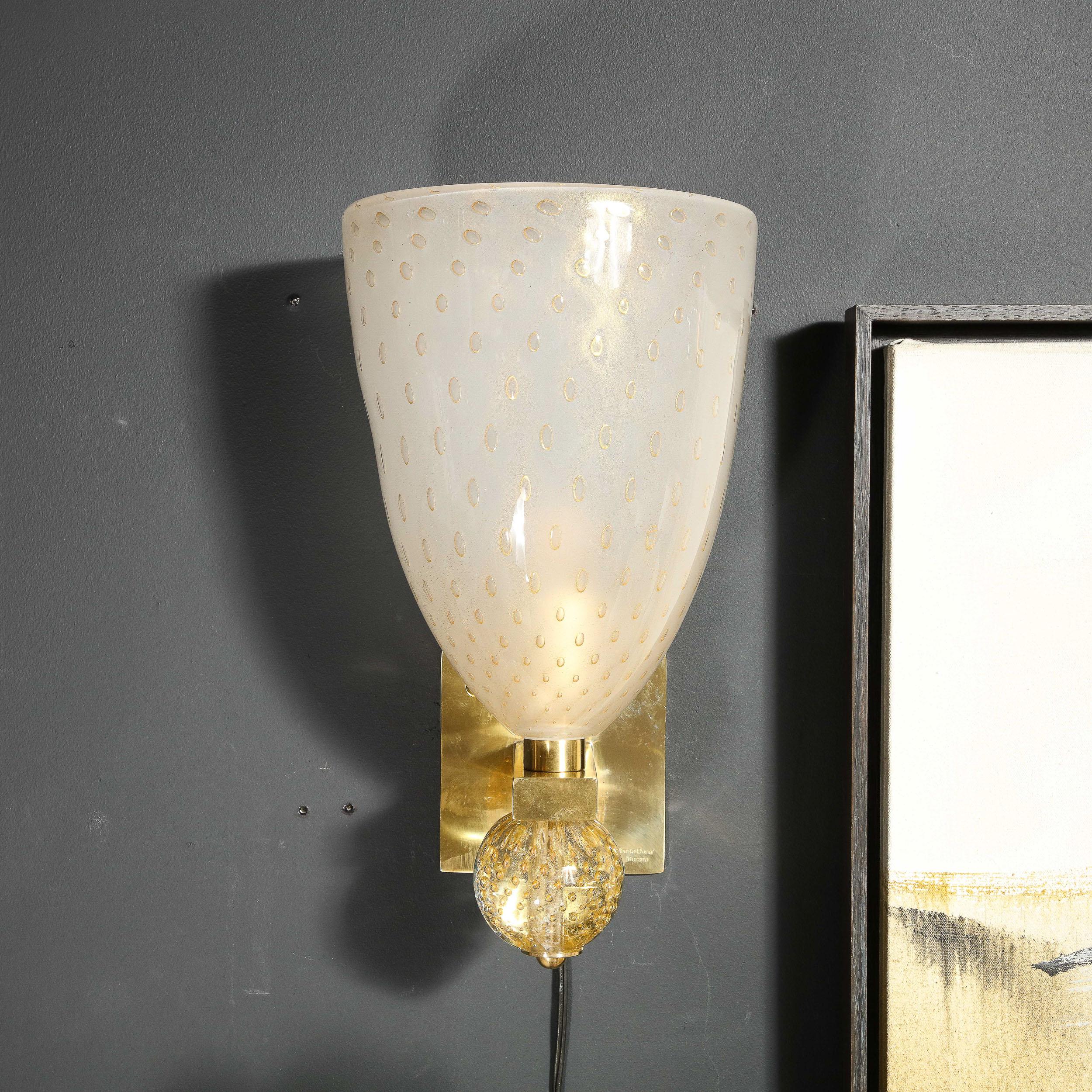 Modernist Brass Sconces with Hand Blown Murano 24-Karat Gold Glass with Murines  For Sale 11