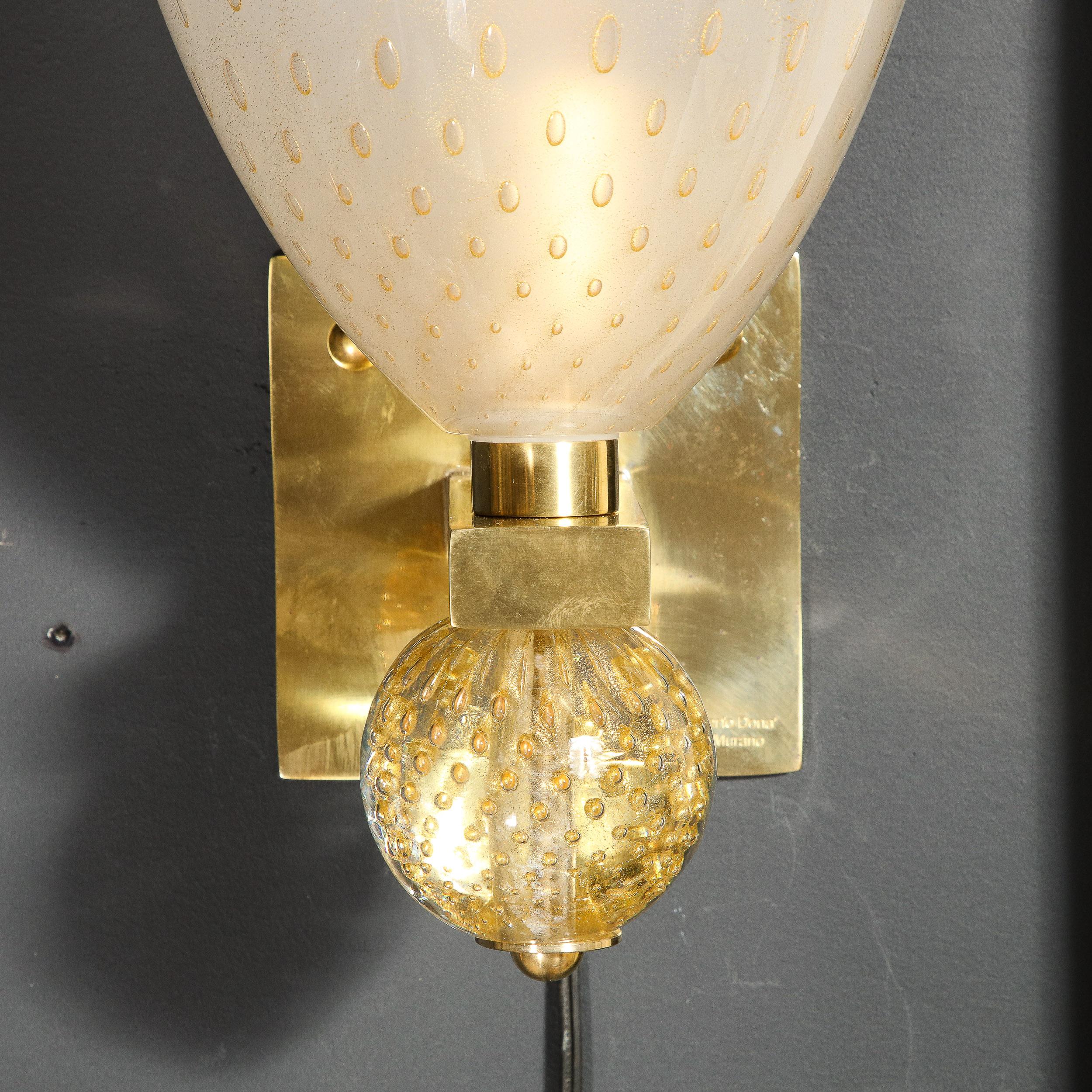 Modernist Brass Sconces with Hand Blown Murano 24-Karat Gold Glass with Murines  For Sale 13