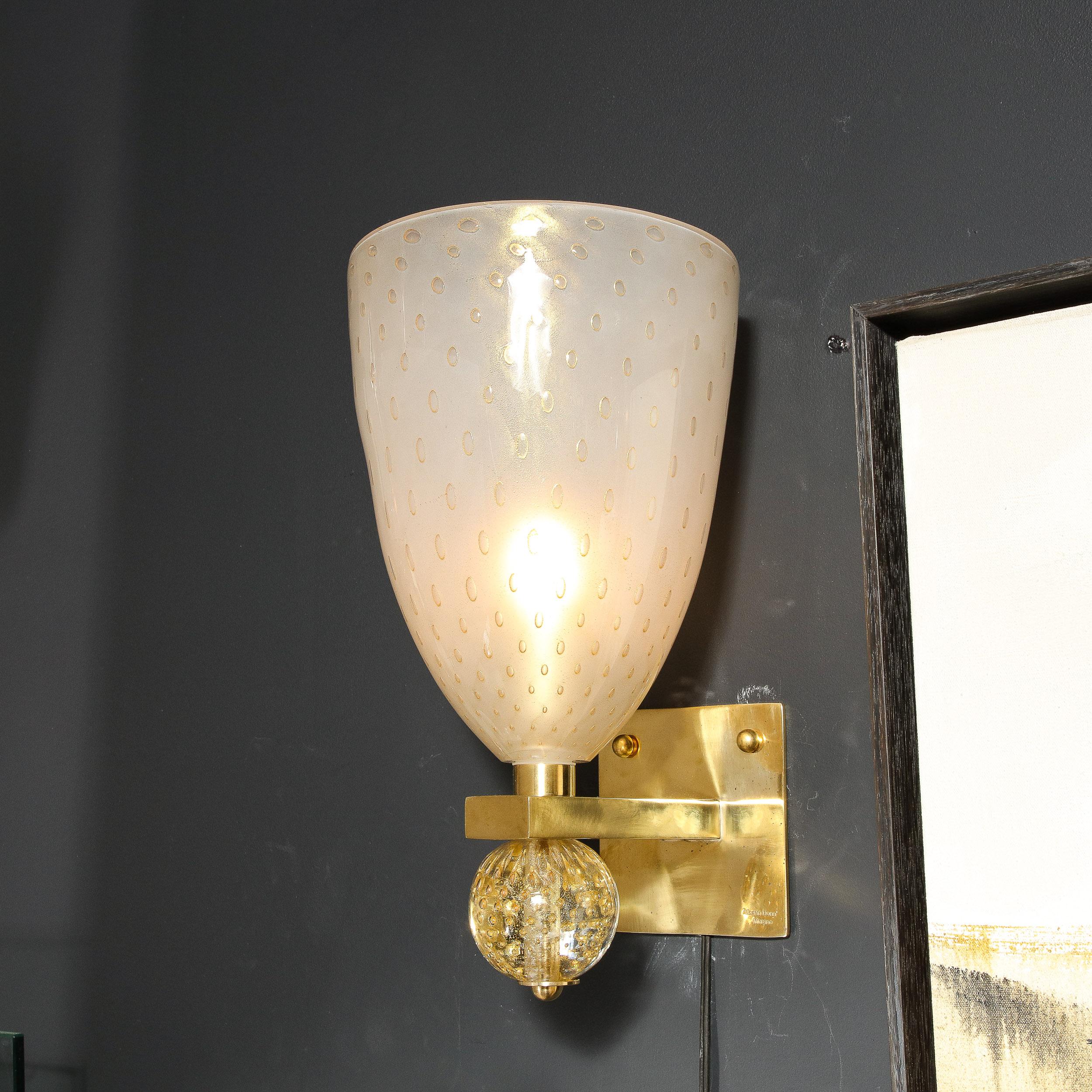 Modernist Brass Sconces with Hand Blown Murano 24-Karat Gold Glass with Murines  For Sale 4