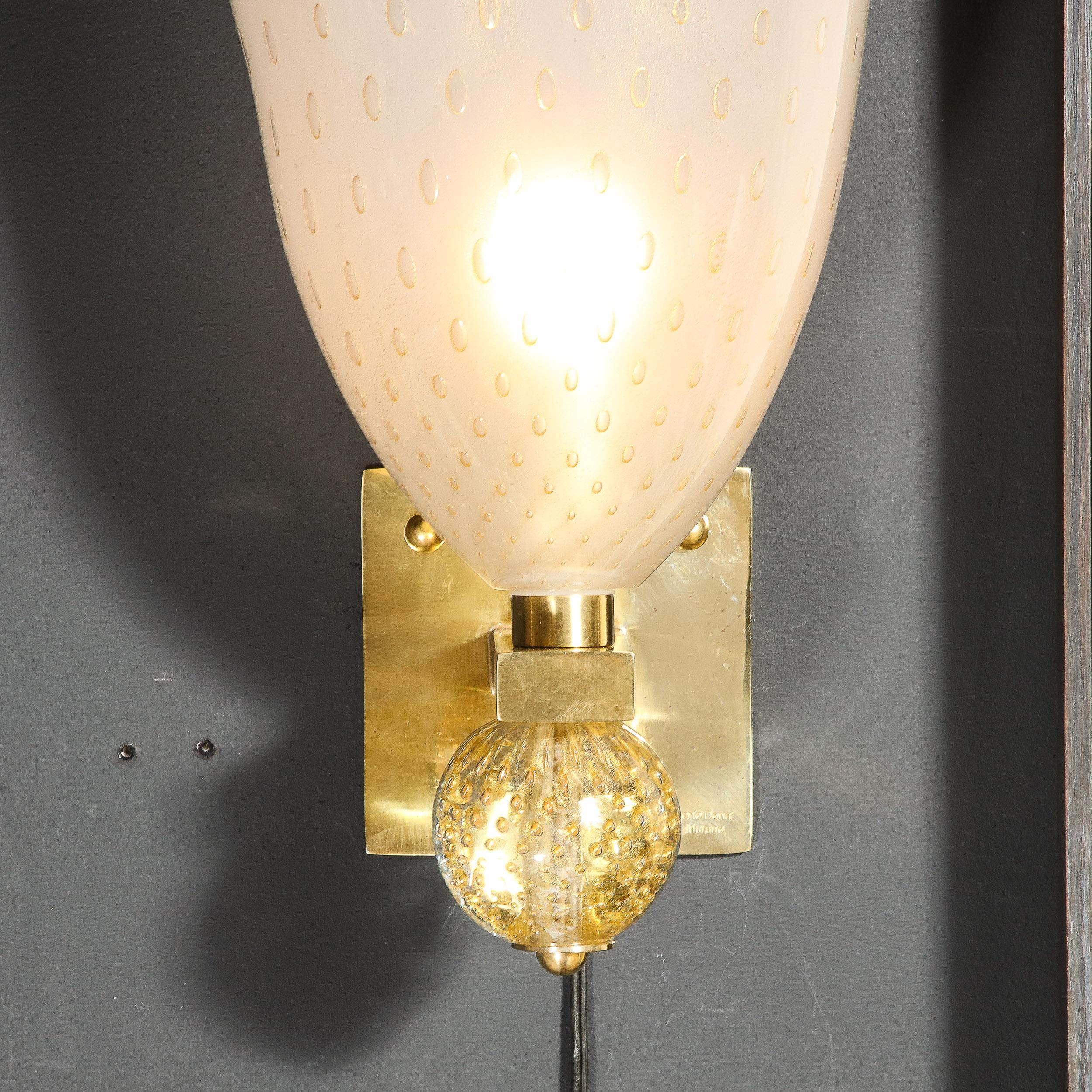 European Modernist Brass Sconces with Hand Blown Murano 24-Karat Gold Glass with Murines  For Sale