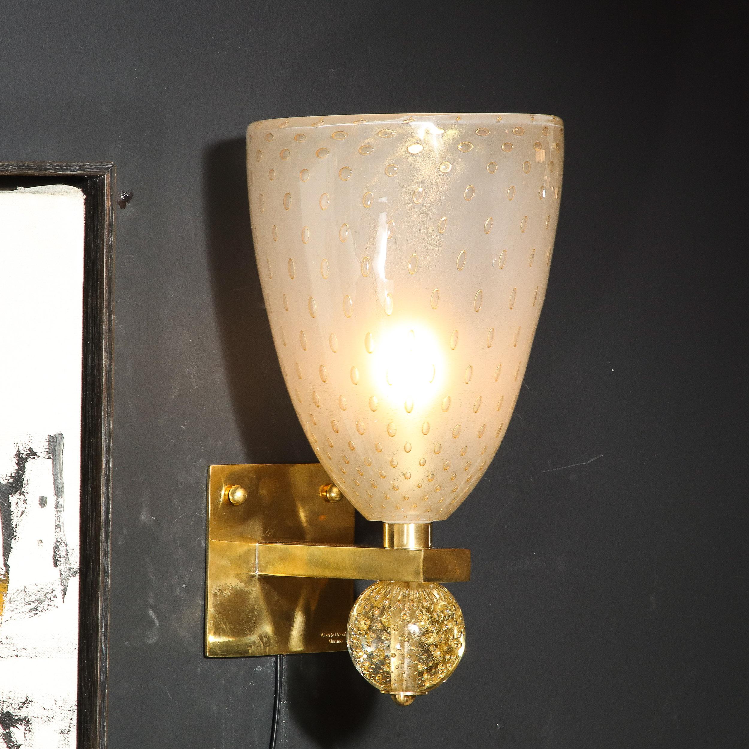 Contemporary Modernist Brass Sconces with Hand Blown Murano 24-Karat Gold Glass with Murines  For Sale