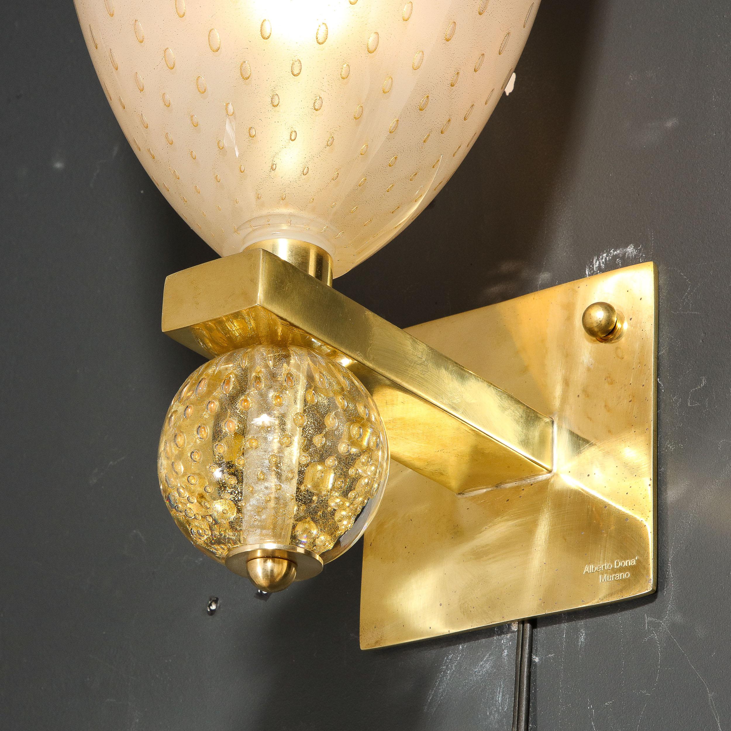 Modernist Brass Sconces with Hand Blown Murano 24-Karat Gold Glass with Murines  For Sale 1