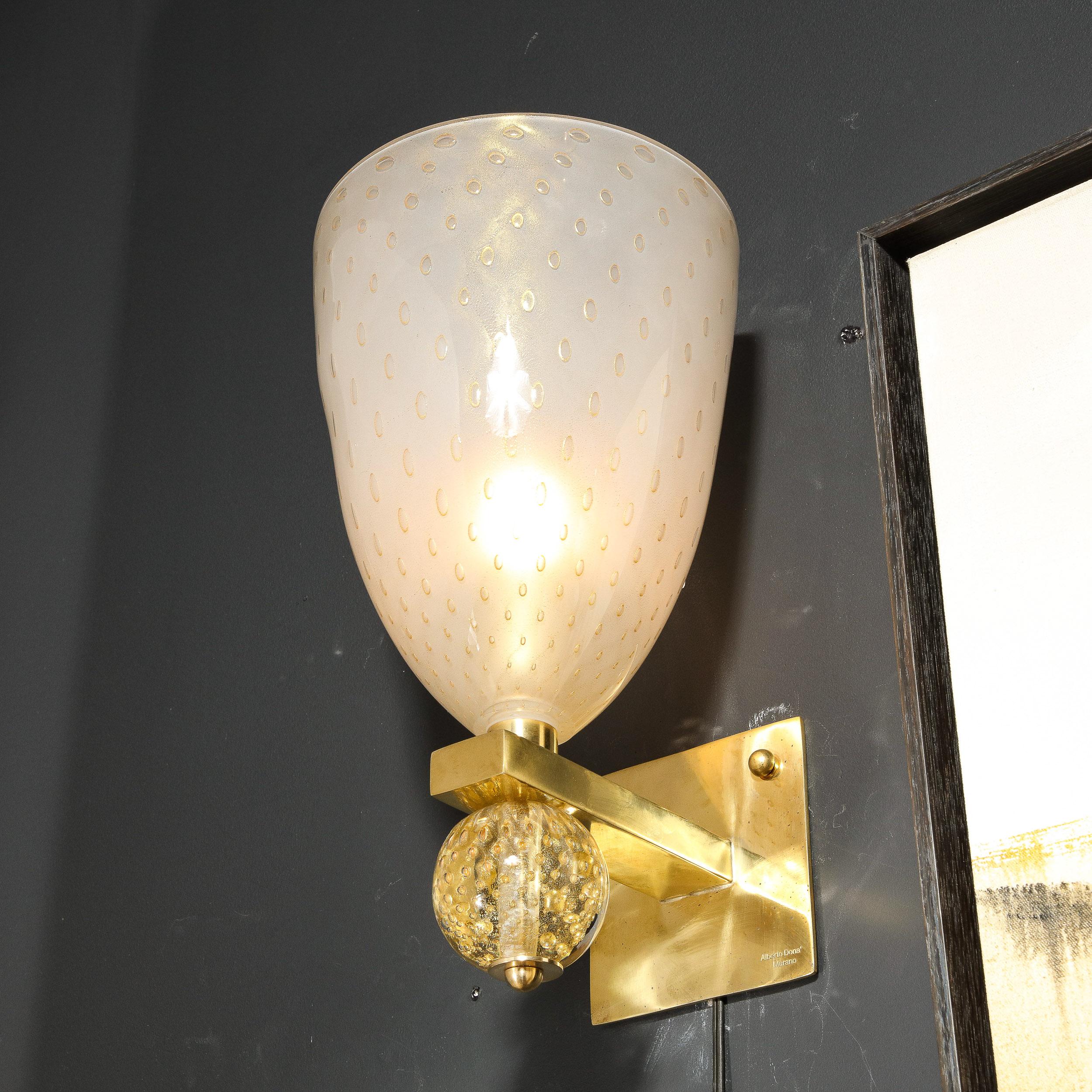 Modernist Brass Sconces with Hand Blown Murano 24-Karat Gold Glass with Murines  For Sale 2