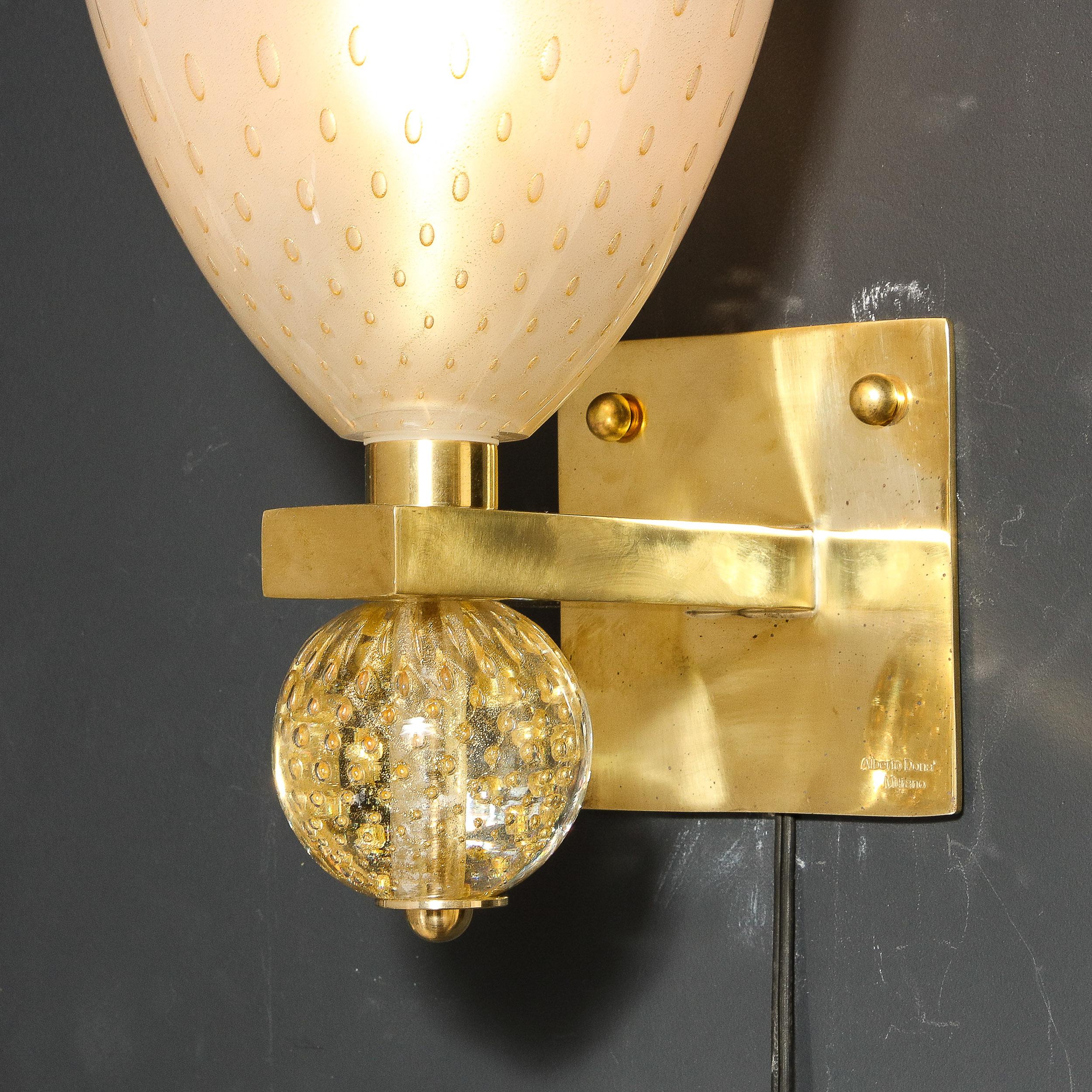 Modernist Brass Sconces with Hand Blown Murano 24-Karat Gold Glass with Murines  For Sale 3
