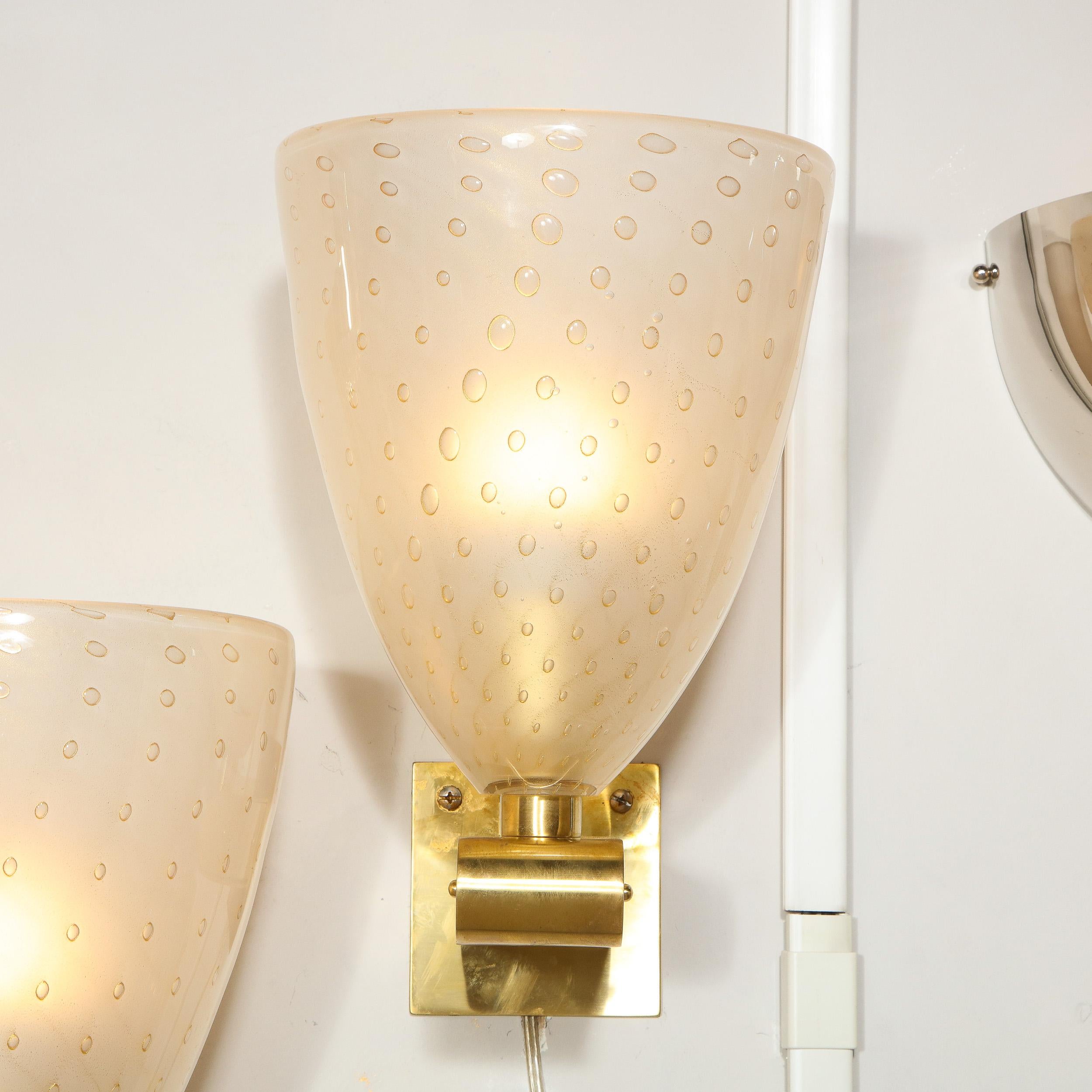 Italian Modernist Brass Sconces with Hand Blown Murano 24-Karat Gold Glass with Murines For Sale