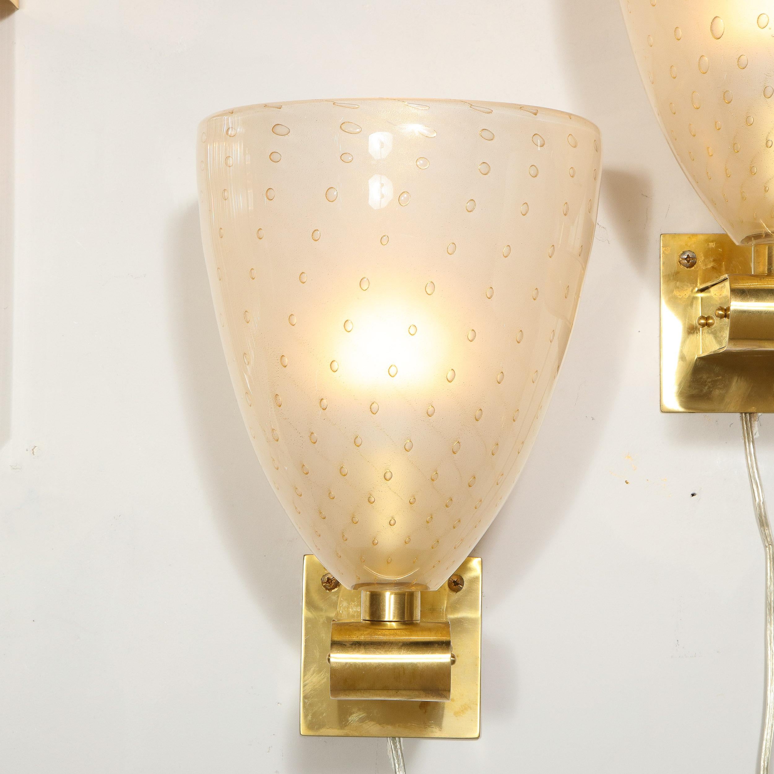 Modernist Brass Sconces with Hand Blown Murano 24-Karat Gold Glass with Murines In Distressed Condition For Sale In New York, NY