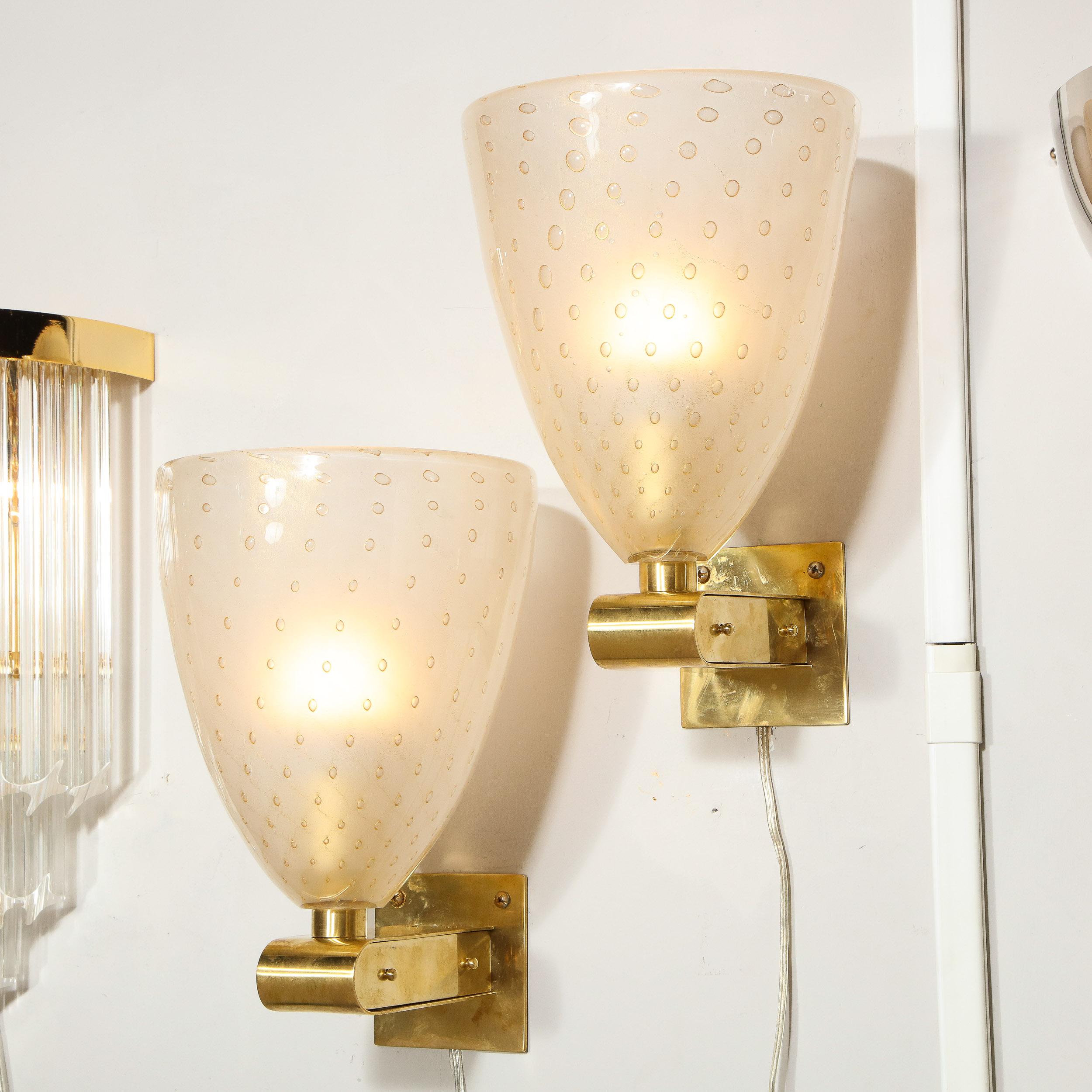 Contemporary Modernist Brass Sconces with Hand Blown Murano 24-Karat Gold Glass with Murines For Sale