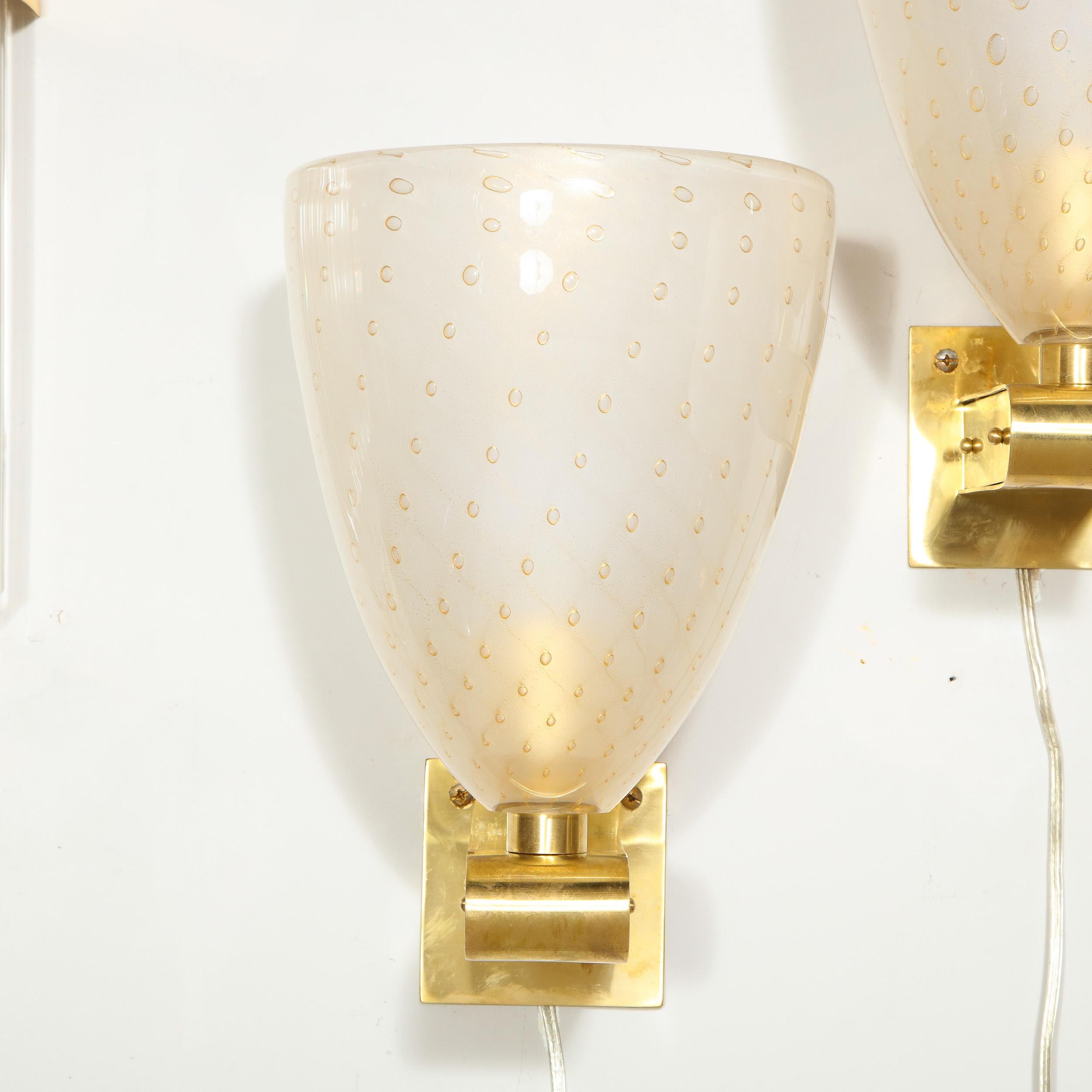 Modernist Brass Sconces with Hand Blown Murano 24-Karat Gold Glass with Murines For Sale 3