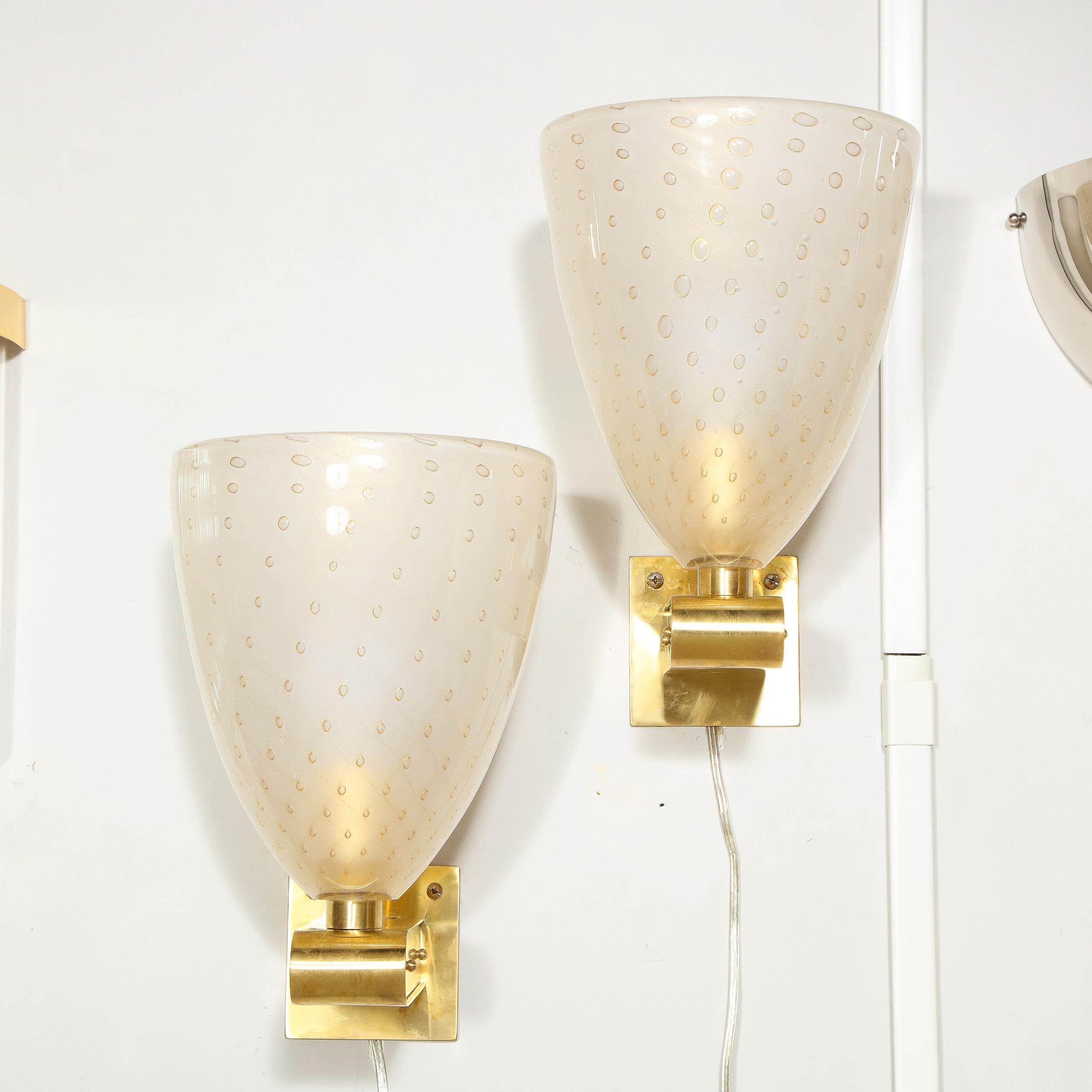 Modernist Brass Sconces with Hand Blown Murano 24-Karat Gold Glass with Murines For Sale 4