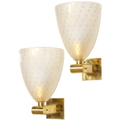 Modernist Brass Sconces with Hand Blown Murano 24-Karat Gold Glass with Murines