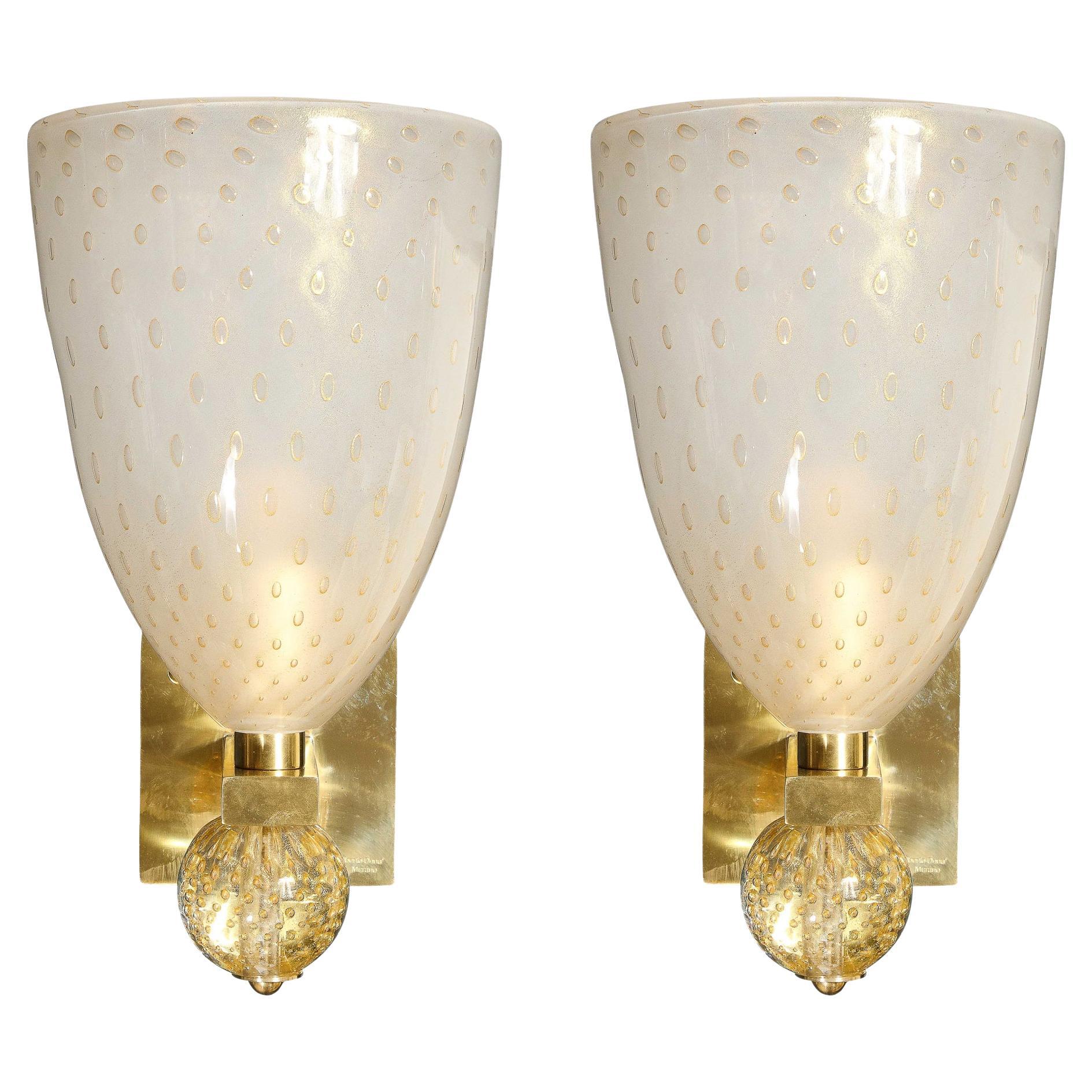 Modernist Brass Sconces with Hand Blown Murano 24-Karat Gold Glass with Murines  For Sale