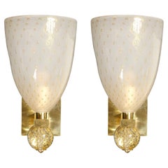 Modernist Brass Sconces with Hand Blown Murano 24-Karat Gold Glass with Murines 