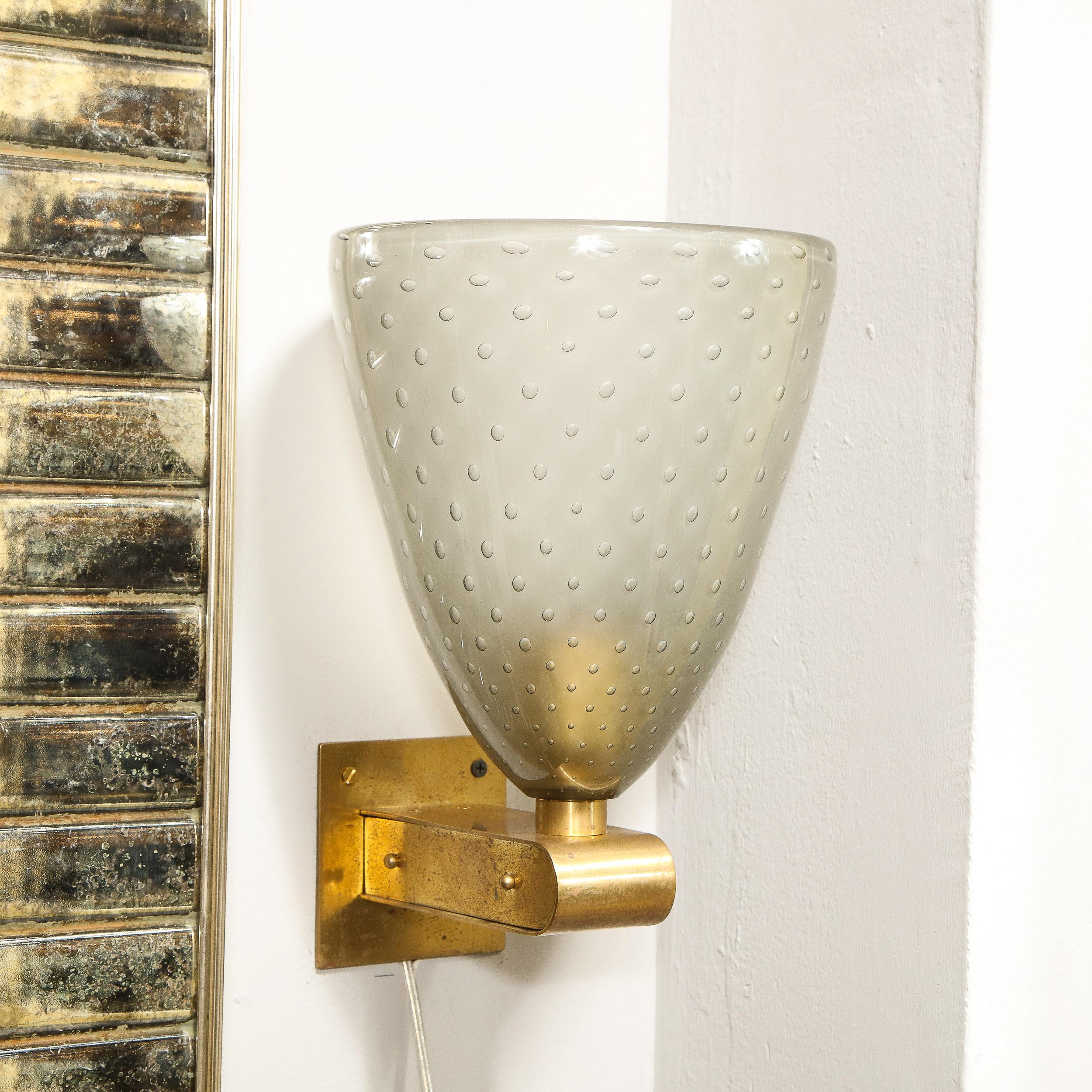 Modernist Brass Sconces with Hand Blown Murano Smoked Glass with Murines For Sale 5