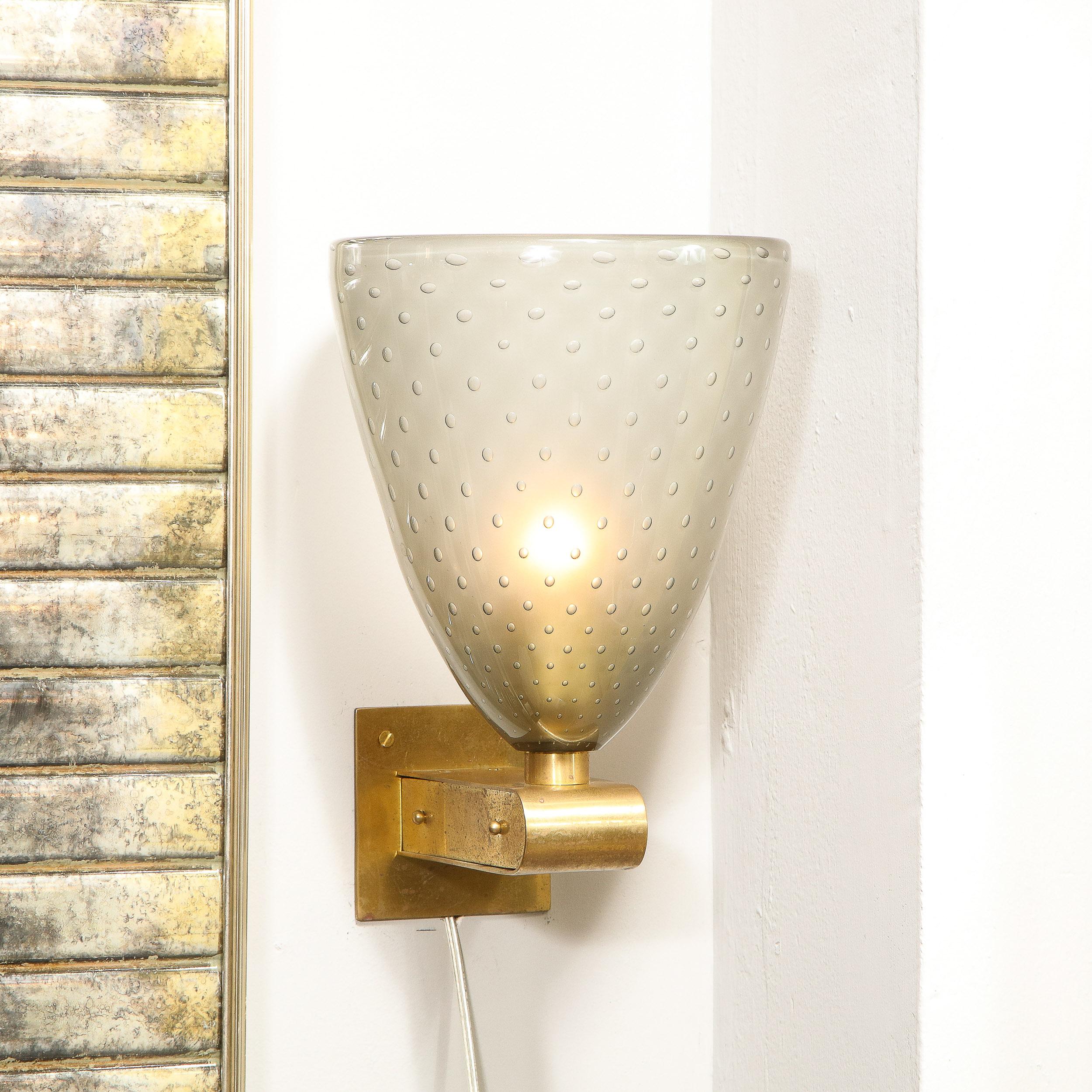 Italian Modernist Brass Sconces with Hand Blown Murano Smoked Glass with Murines For Sale