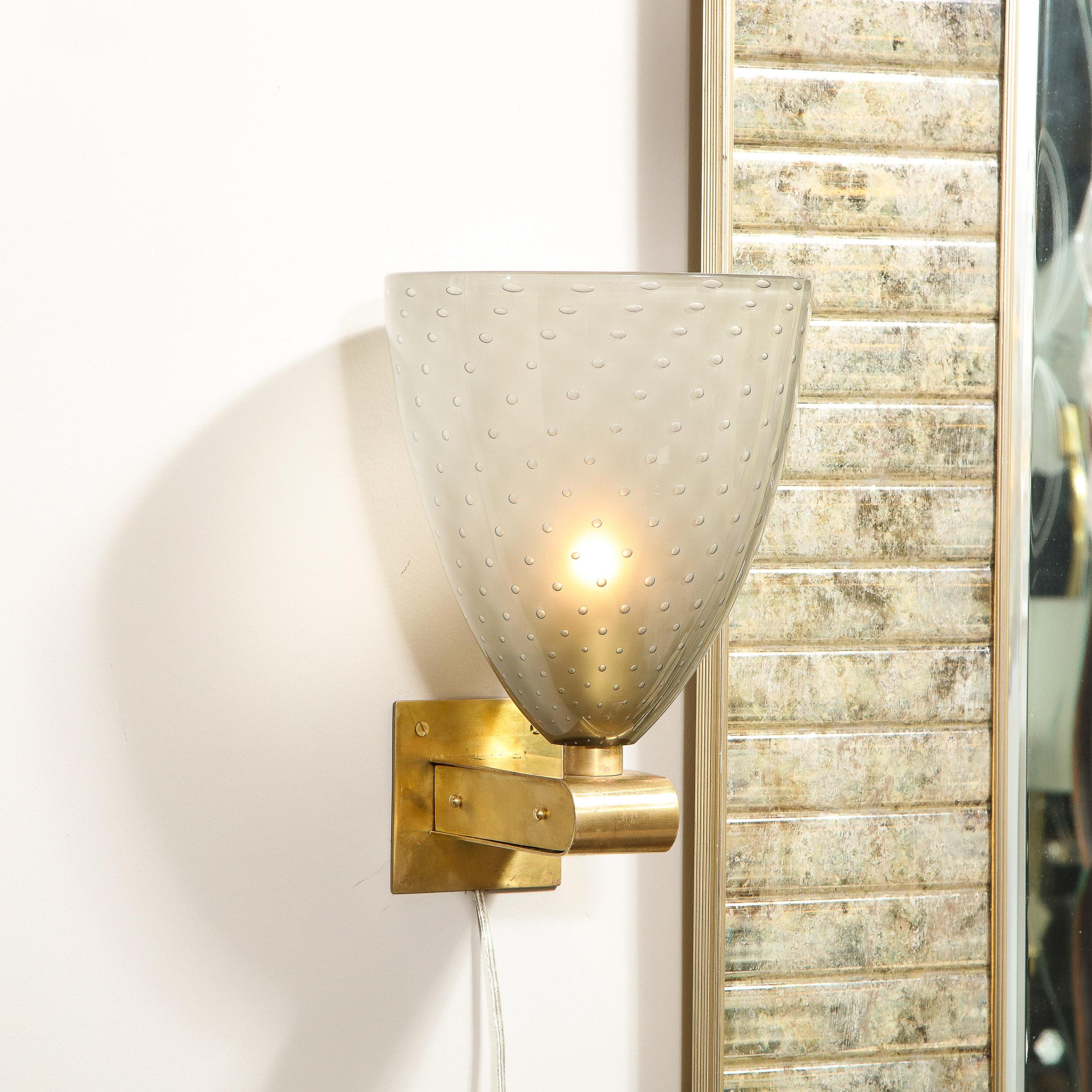 Modernist Brass Sconces with Hand Blown Murano Smoked Glass with Murines In New Condition For Sale In New York, NY